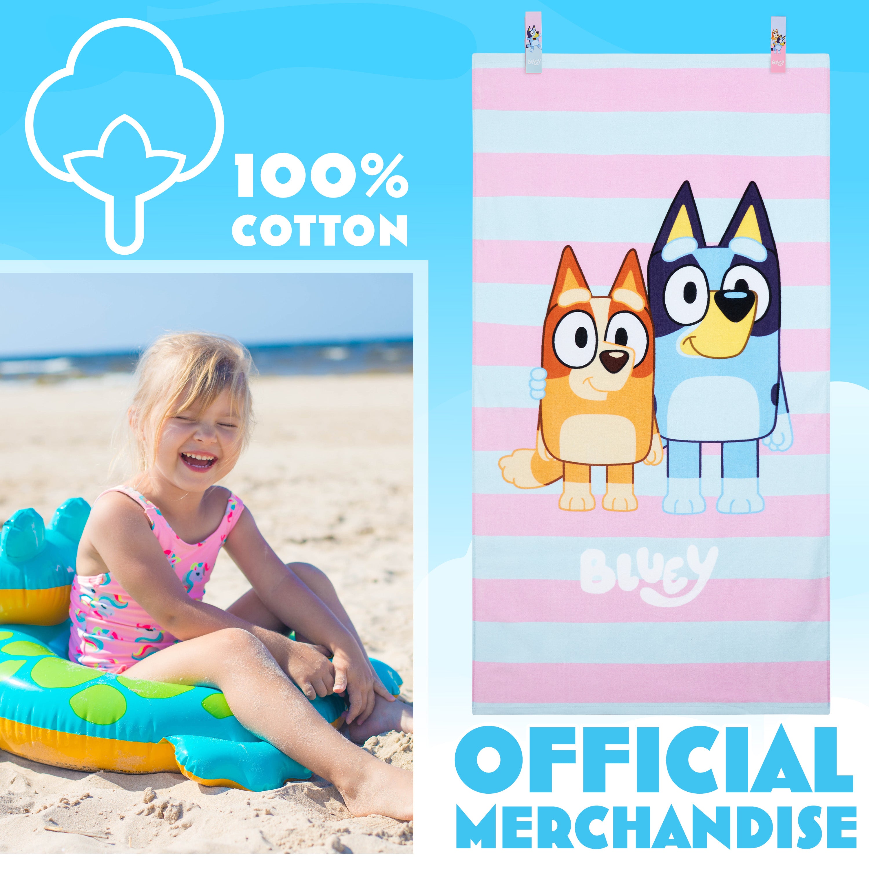 Bluey Towels for Kids with 2 Pegs Clips Beach Towel Soft Absorbent Bath Shower Swimming Towel 100% Cotton Quick Dry Holiday Essentials 140x70cm - Get Trend