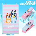 Bluey Towels for Kids with 2 Pegs Clips Beach Towel Soft Absorbent Bath Shower Swimming Towel 100% Cotton Quick Dry Holiday Essentials 140x70cm - Get Trend