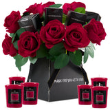 DECO EXPRESS Scented Candle Gift Set with Flowers, Ladies Bouquet Roses and Candle Box Women's Gifts Valentines Day Bday Xmas (Red)