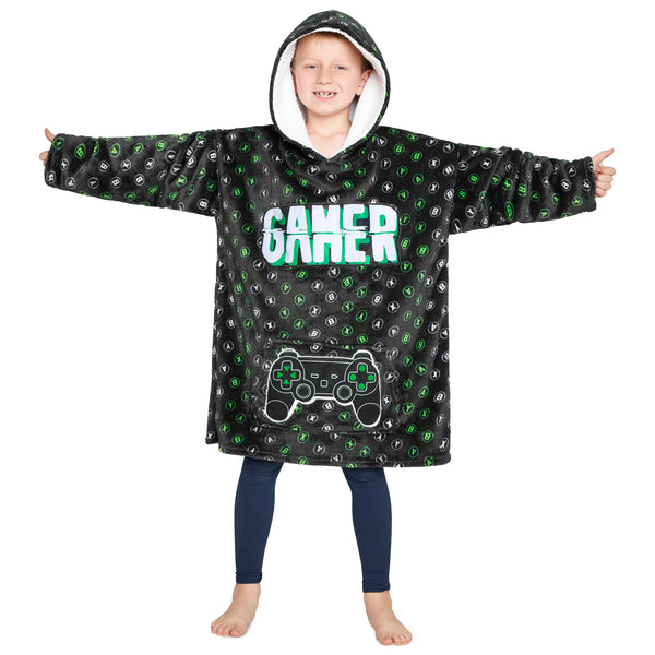 CityComfort Fleece Hoodie Blanket for Kids and Teenagers - Green/Black