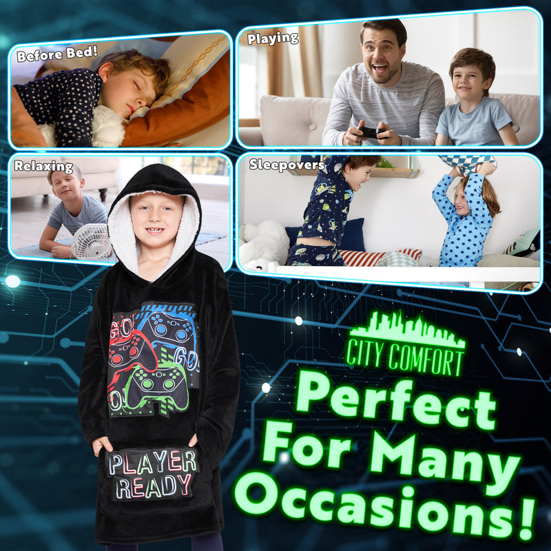 CityComfort Fleece Hoodie Blanket for Kids and Teenagers - Black/Multi