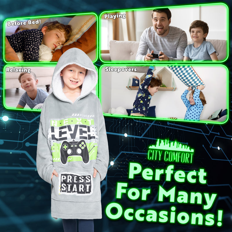 CityComfort Fleece Hoodie Blanket for Kids and Teenagers - Grey/Green