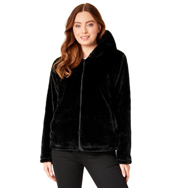 Womens Coat - Fluffy Zip Up Hooded Coat for Women
