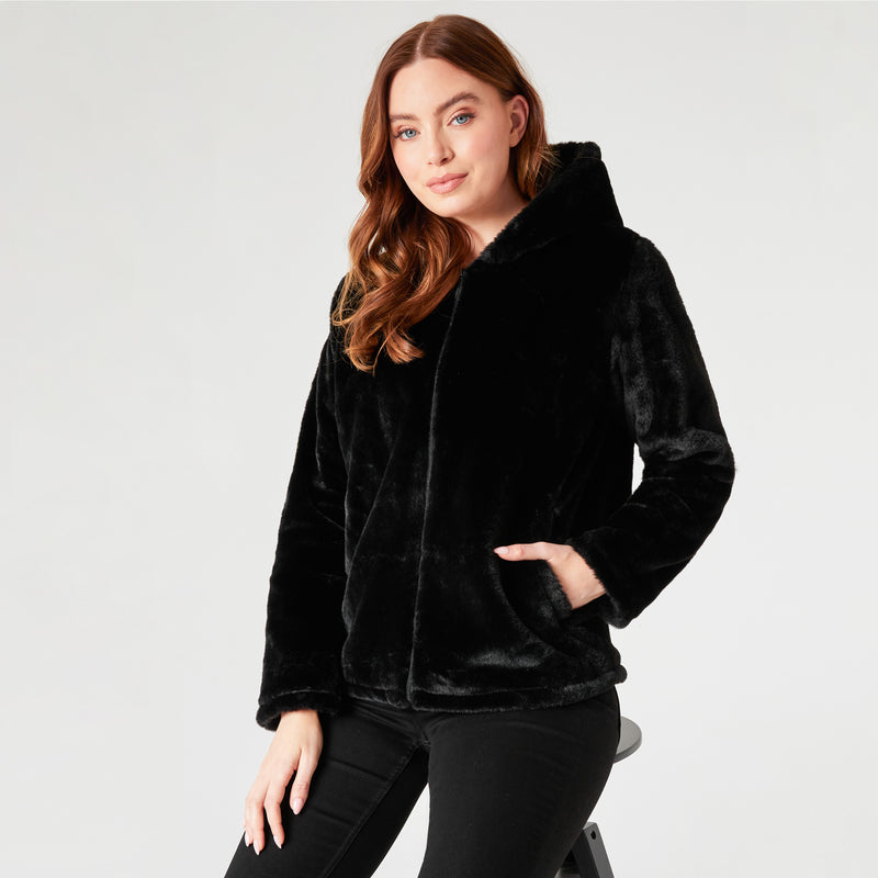 Womens Coat - Fluffy Zip Up Hooded Coat for Women