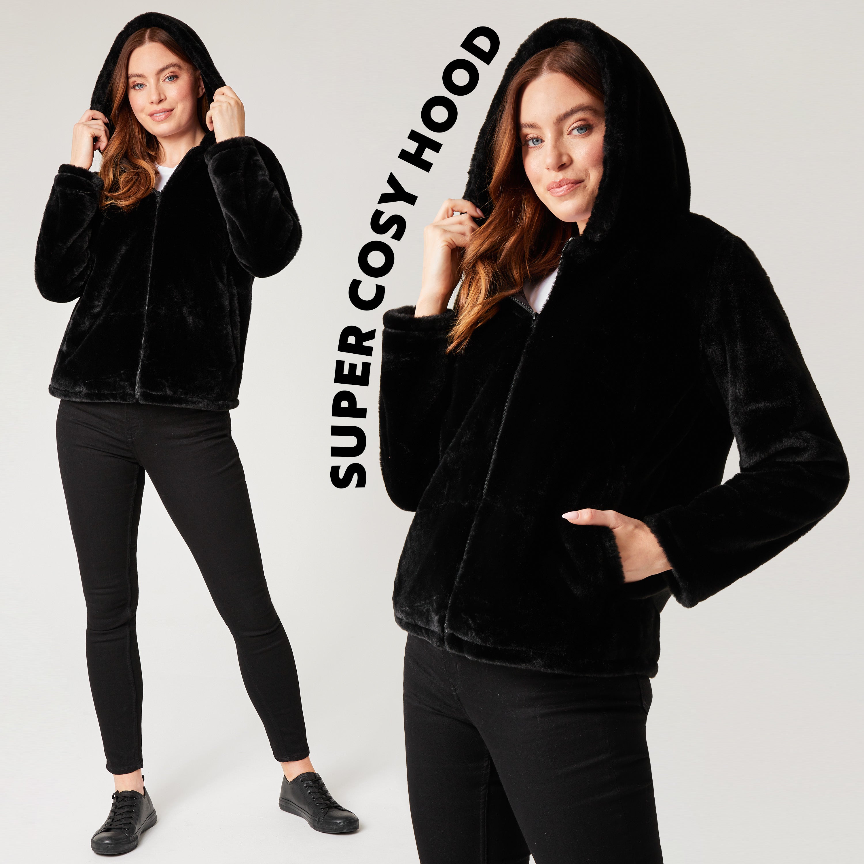 Womens Coat - Fluffy Zip Up Hooded Coat for Women - Get Trend