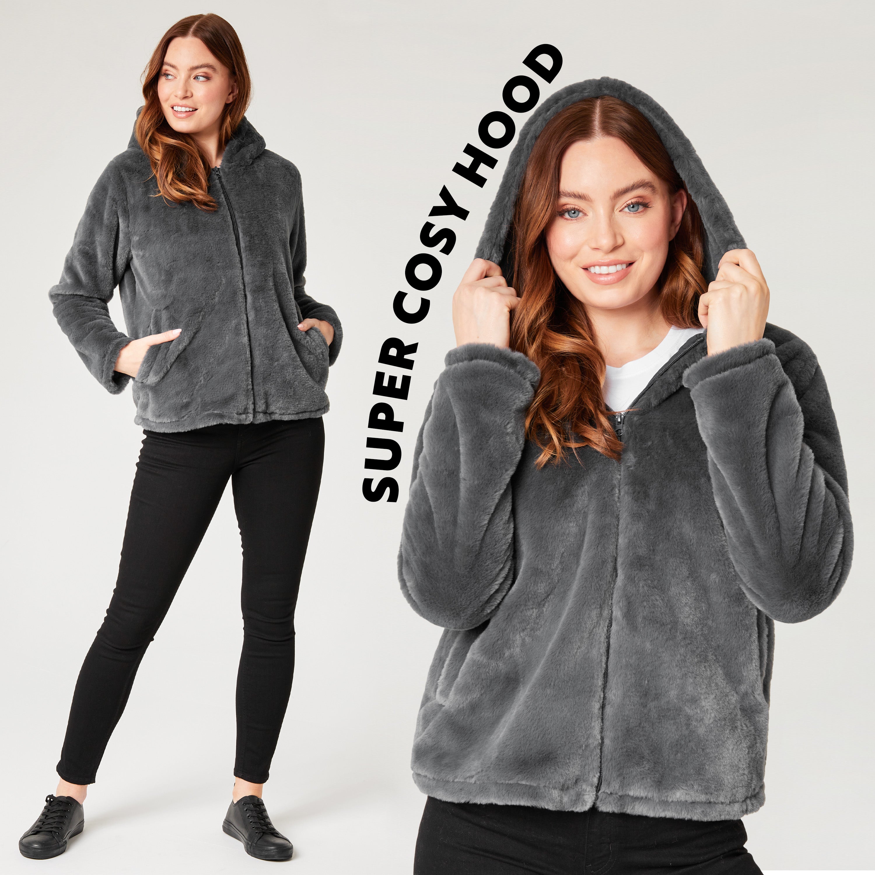 Womens Coat - Fluffy Zip Up Hooded Coat for Women - Get Trend