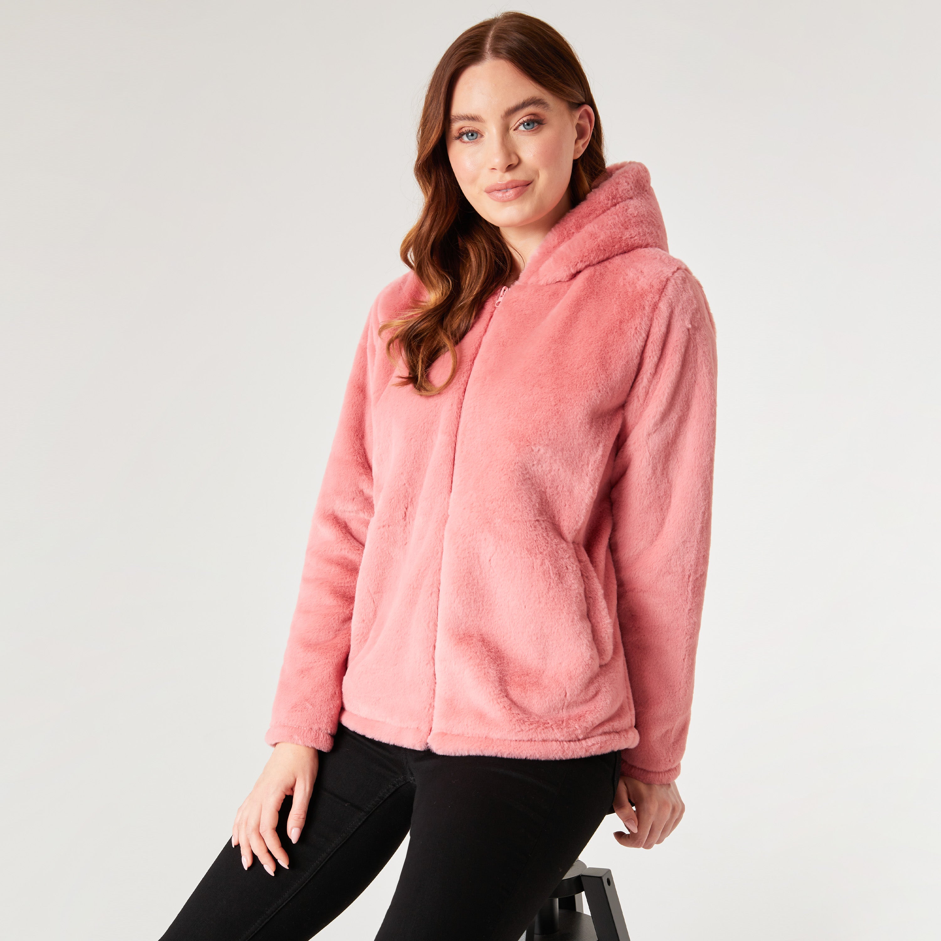 Womens Coat - Fluffy Zip Up Hooded Coat for Women - Get Trend