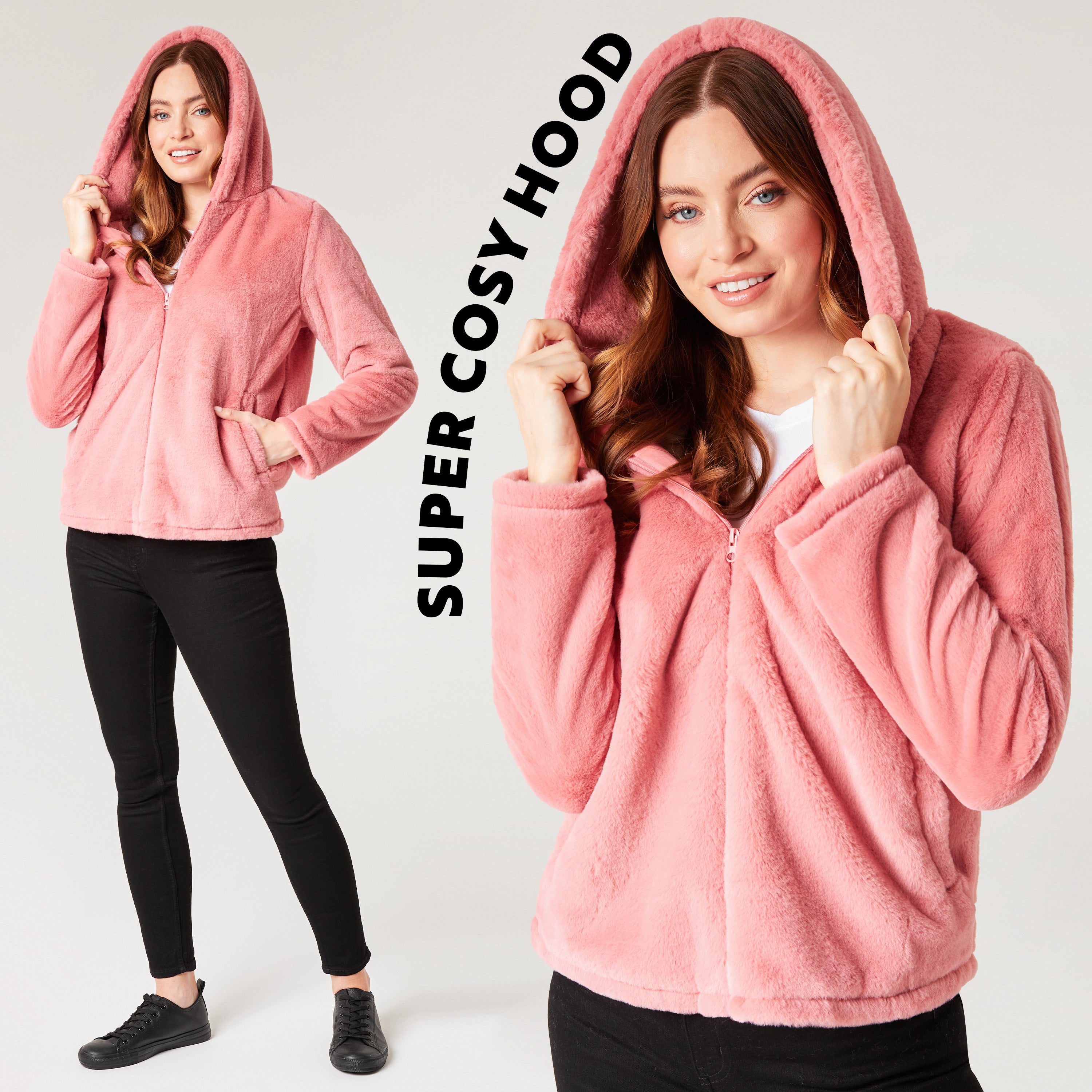 Womens Coat - Fluffy Zip Up Hooded Coat for Women - Get Trend