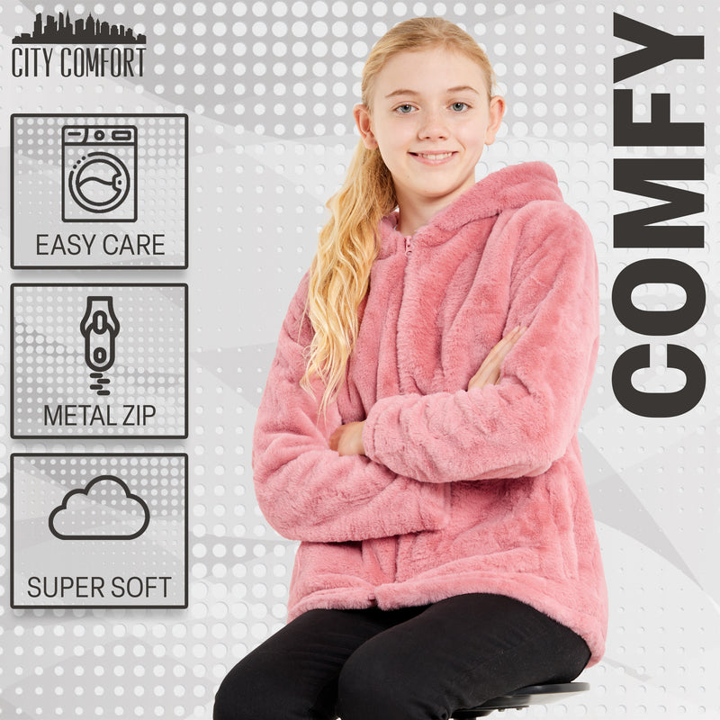 Girls Coat - Fluffy Hooded Zip Up Coat for Kids and Teenagers - Get Trend