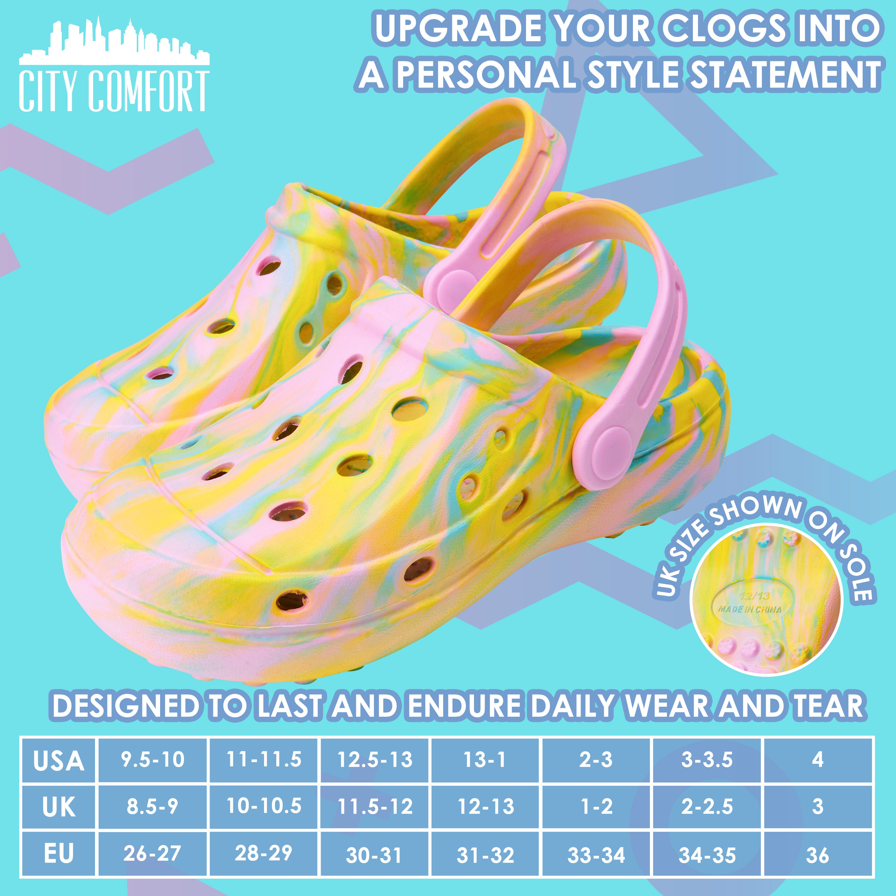 CityComfort Clogs for Girls Garden Shoes Tie Dye Summer Slip On with Strap for Beach Pool Indoor Outdoor Holiday Essentials - Get Trend
