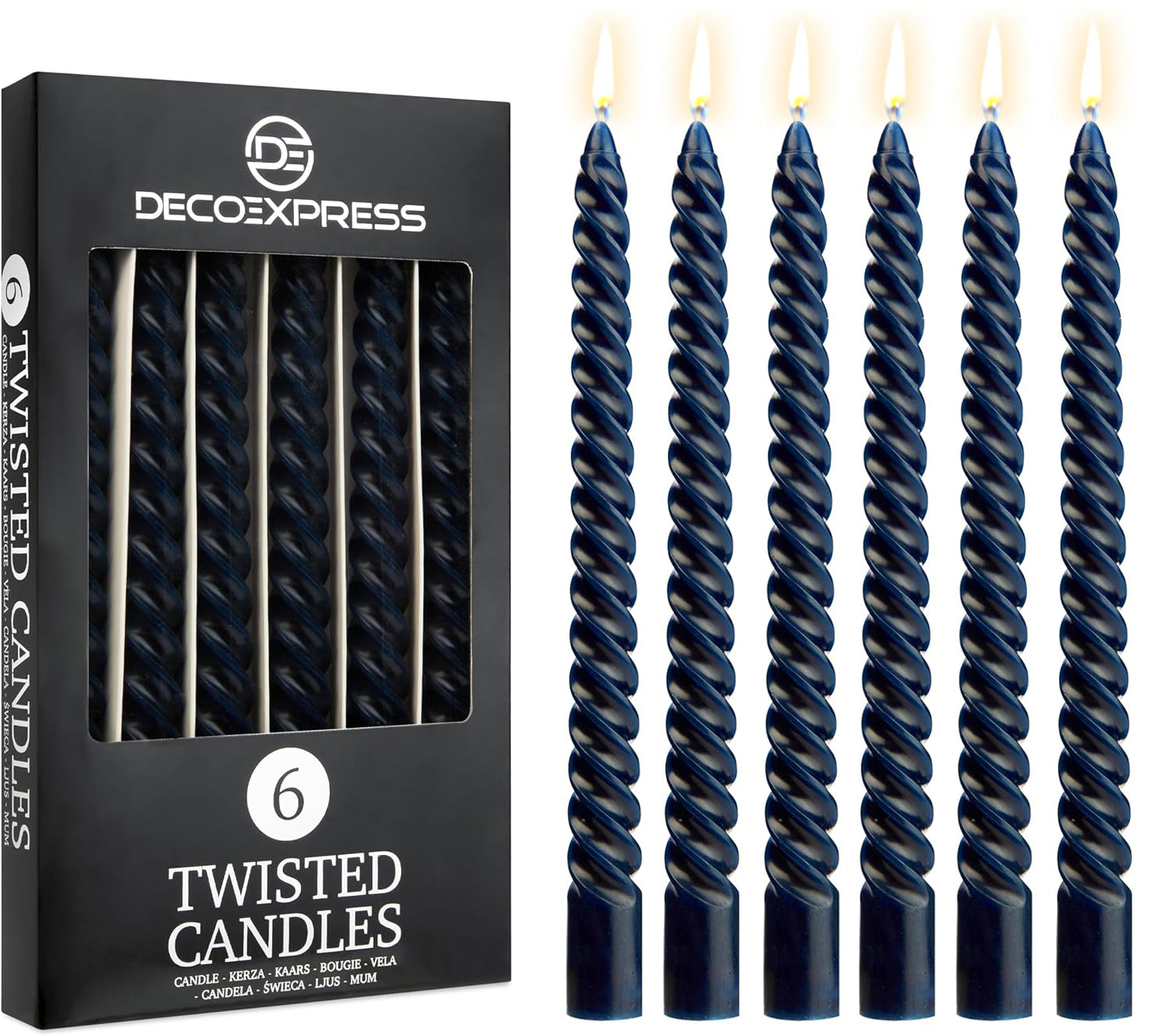 DECO EXPRESS Dinner Candles Pack of 3 or 6 Twisted Non Drip Coloured Spiral Candles Long Lasting 6 Hours Burn Non Scented (Blue, Pack of 6) - Get Trend