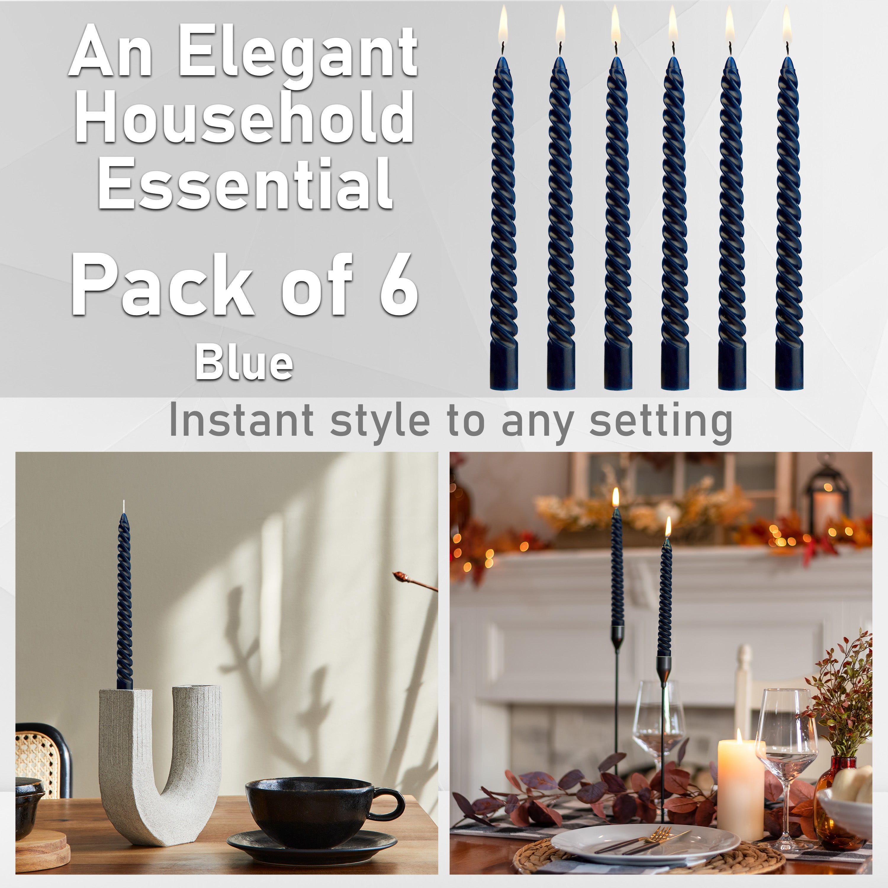 DECO EXPRESS Dinner Candles Pack of 3 or 6 Twisted Non Drip Coloured Spiral Candles Long Lasting 6 Hours Burn Non Scented (Blue, Pack of 6) - Get Trend
