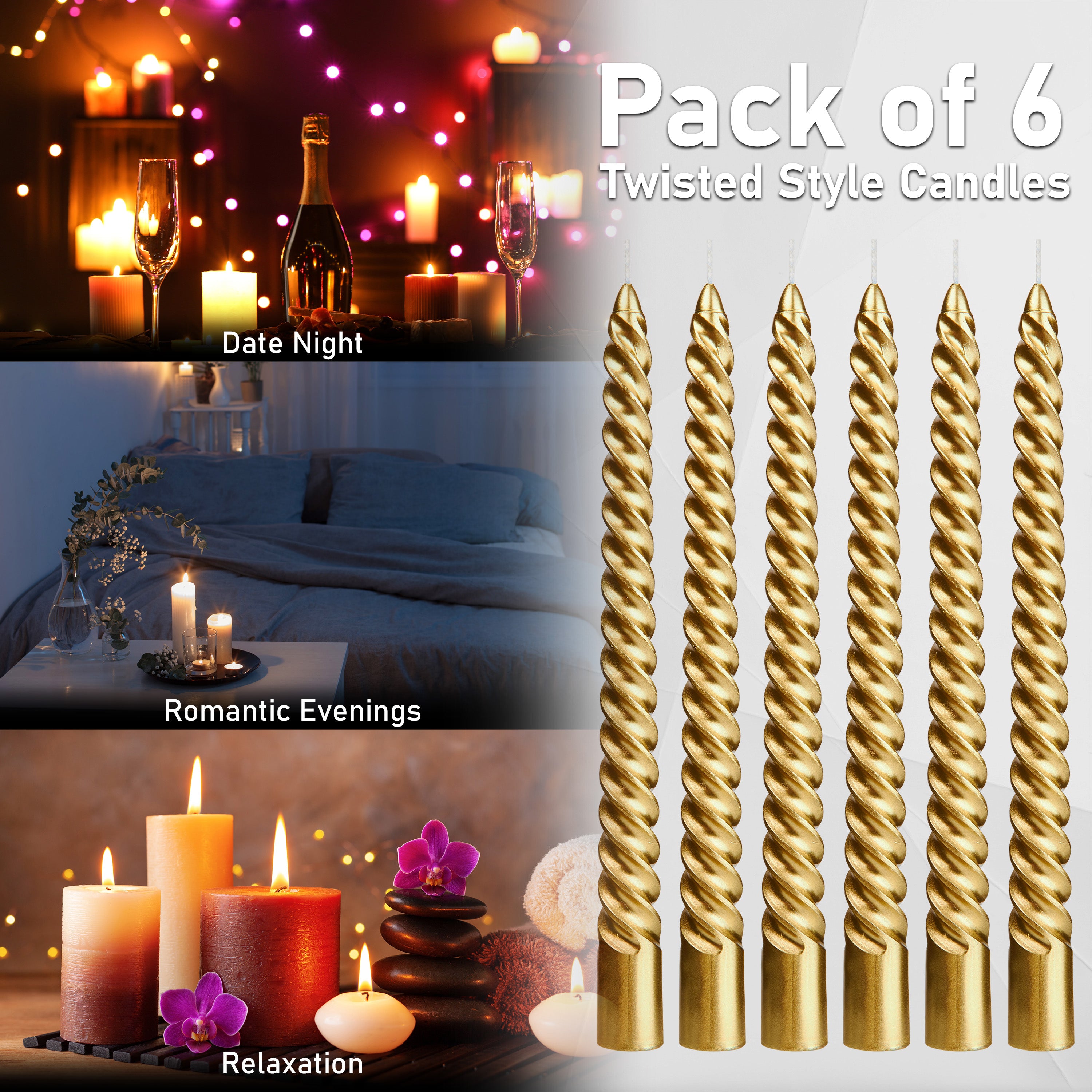DECO EXPRESS Dinner Candles Pack of 3 or 6 Twisted Non Drip Coloured Spiral Candles Long Lasting 6 Hours Burn Non Scented (Gold, Pack of 3) - Get Trend
