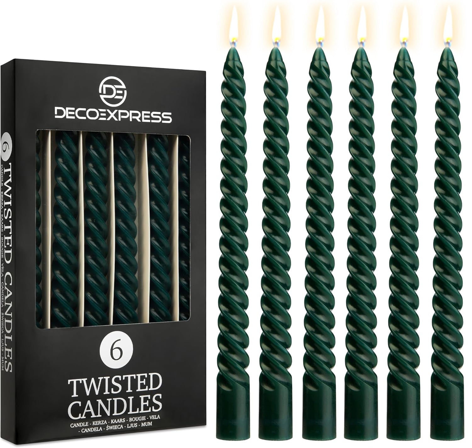 DECO EXPRESS Dinner Candles Pack of 3 or 6 Twisted Non Drip Coloured Spiral Candles Long Lasting 6 hours Burn Non Scented (Green, Pack of 6) - Get Trend