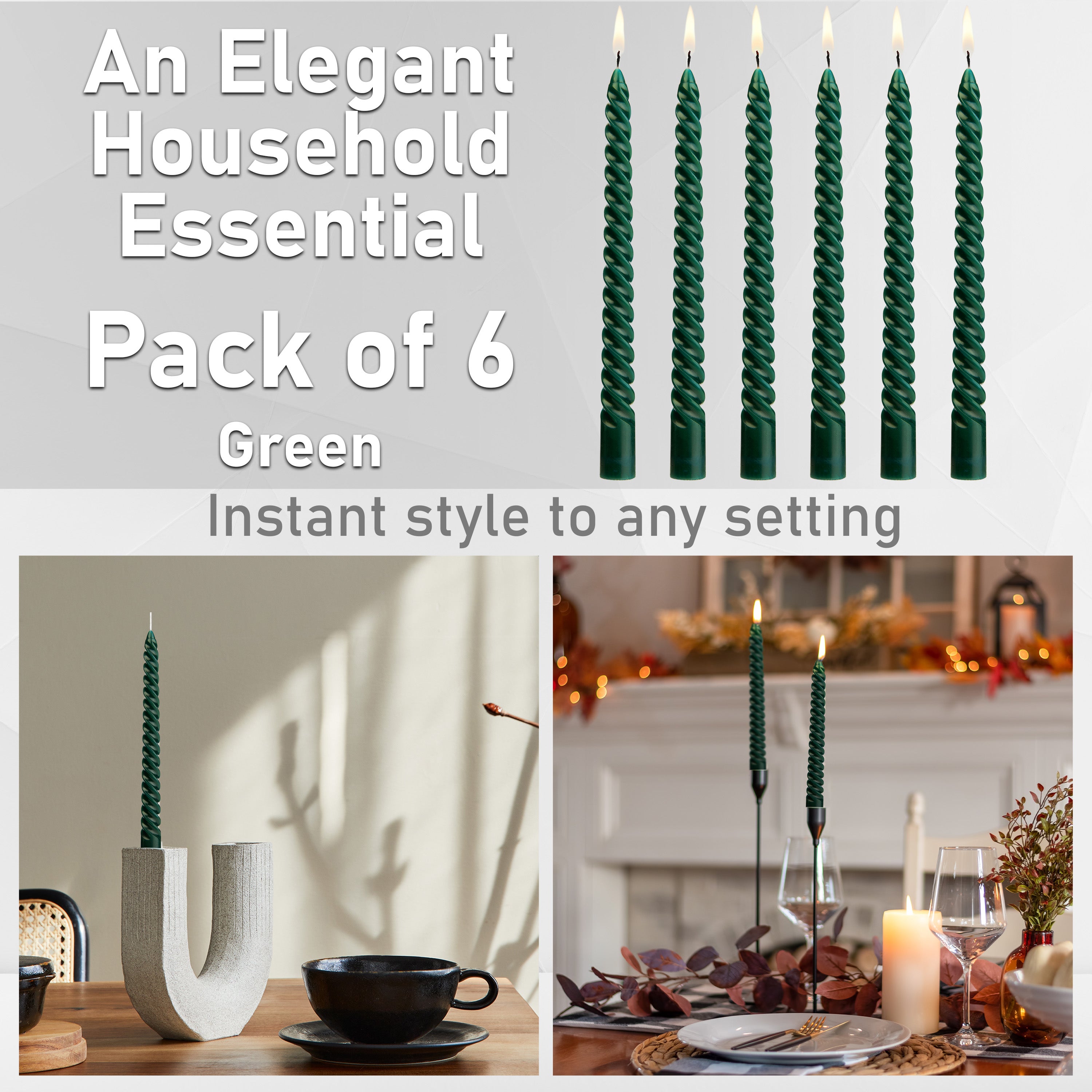 DECO EXPRESS Dinner Candles Pack of 3 or 6 Twisted Non Drip Coloured Spiral Candles Long Lasting 6 hours Burn Non Scented (Green, Pack of 6) - Get Trend