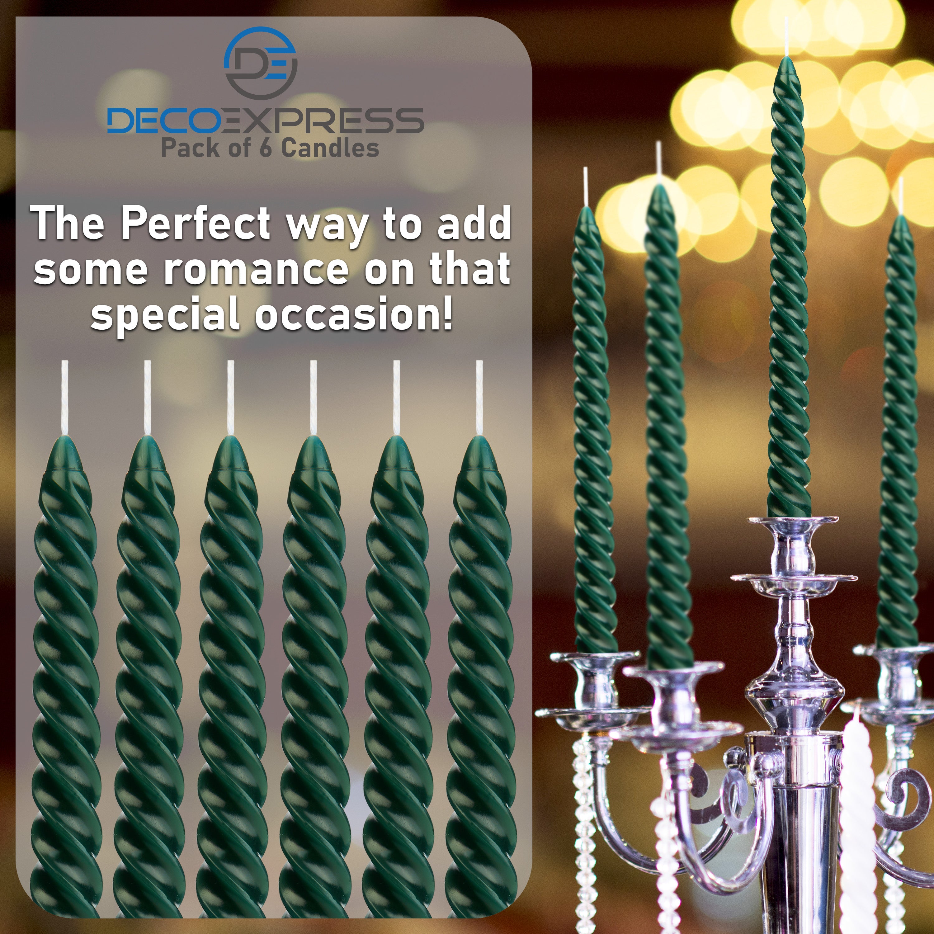 DECO EXPRESS Dinner Candles Pack of 3 or 6 Twisted Non Drip Coloured Spiral Candles Long Lasting 6 hours Burn Non Scented (Green, Pack of 6) - Get Trend