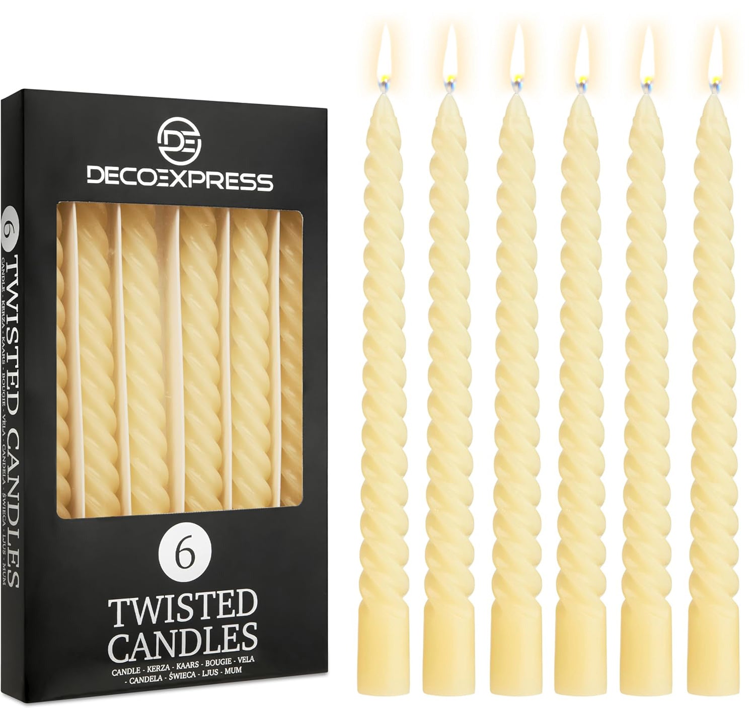 DECO EXPRESS Dinner Candles Pack of 3 or 6 Twisted Non Drip Coloured Spiral Candles Long Lasting 6 Hours Burn Non Scented (Ivory, Pack of 6) - Get Trend