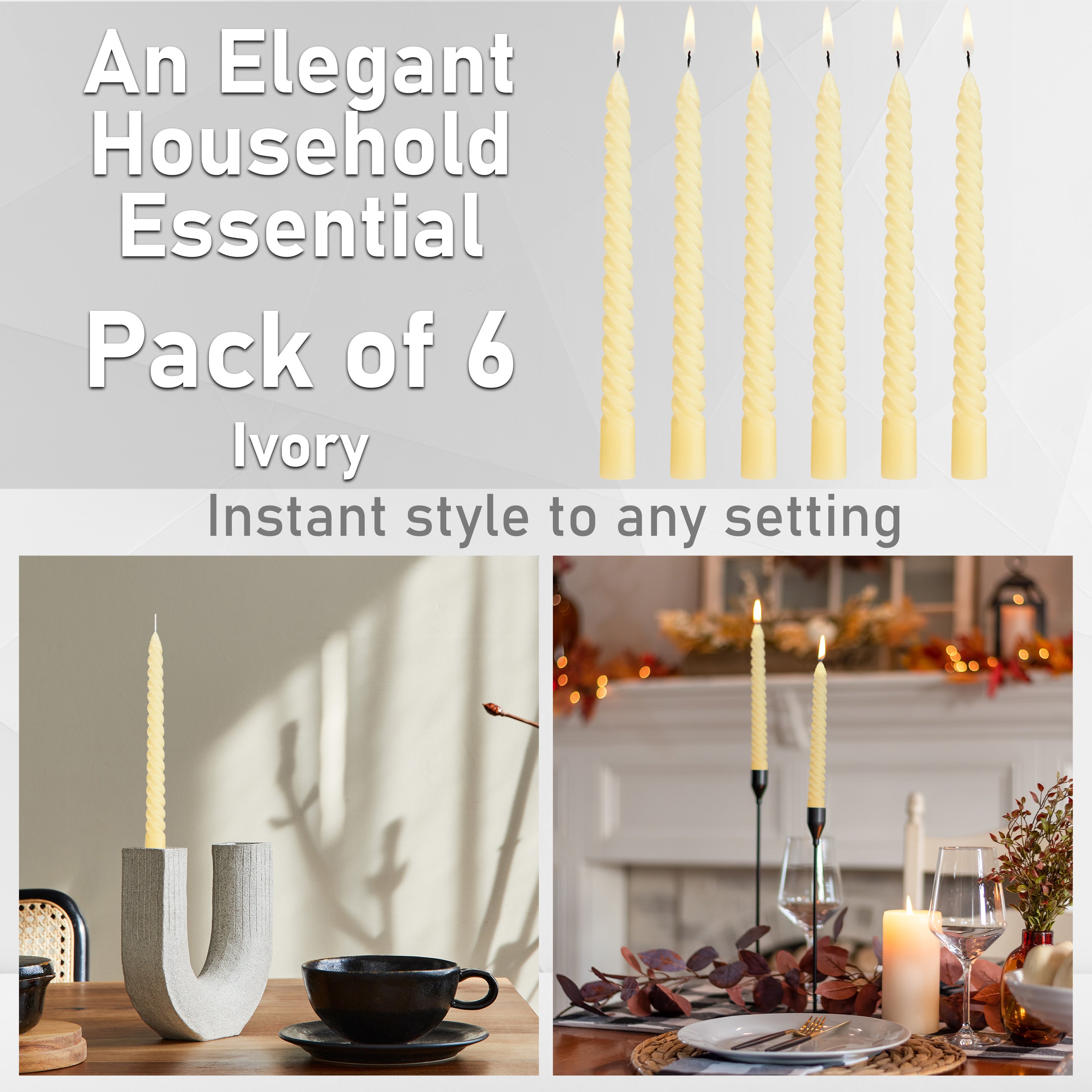 DECO EXPRESS Dinner Candles Pack of 3 or 6 Twisted Non Drip Coloured Spiral Candles Long Lasting 6 Hours Burn Non Scented (Ivory, Pack of 6) - Get Trend