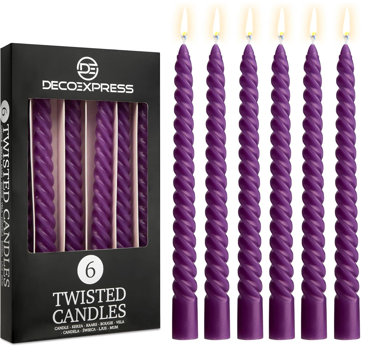 DECO EXPRESS Dinner Candles Pack of 3 or 6 Twisted Non Drip Coloured Spiral Candles Long Lasting 6 hours Burn Non Scented (Purple, Pack of 6) - Get Trend