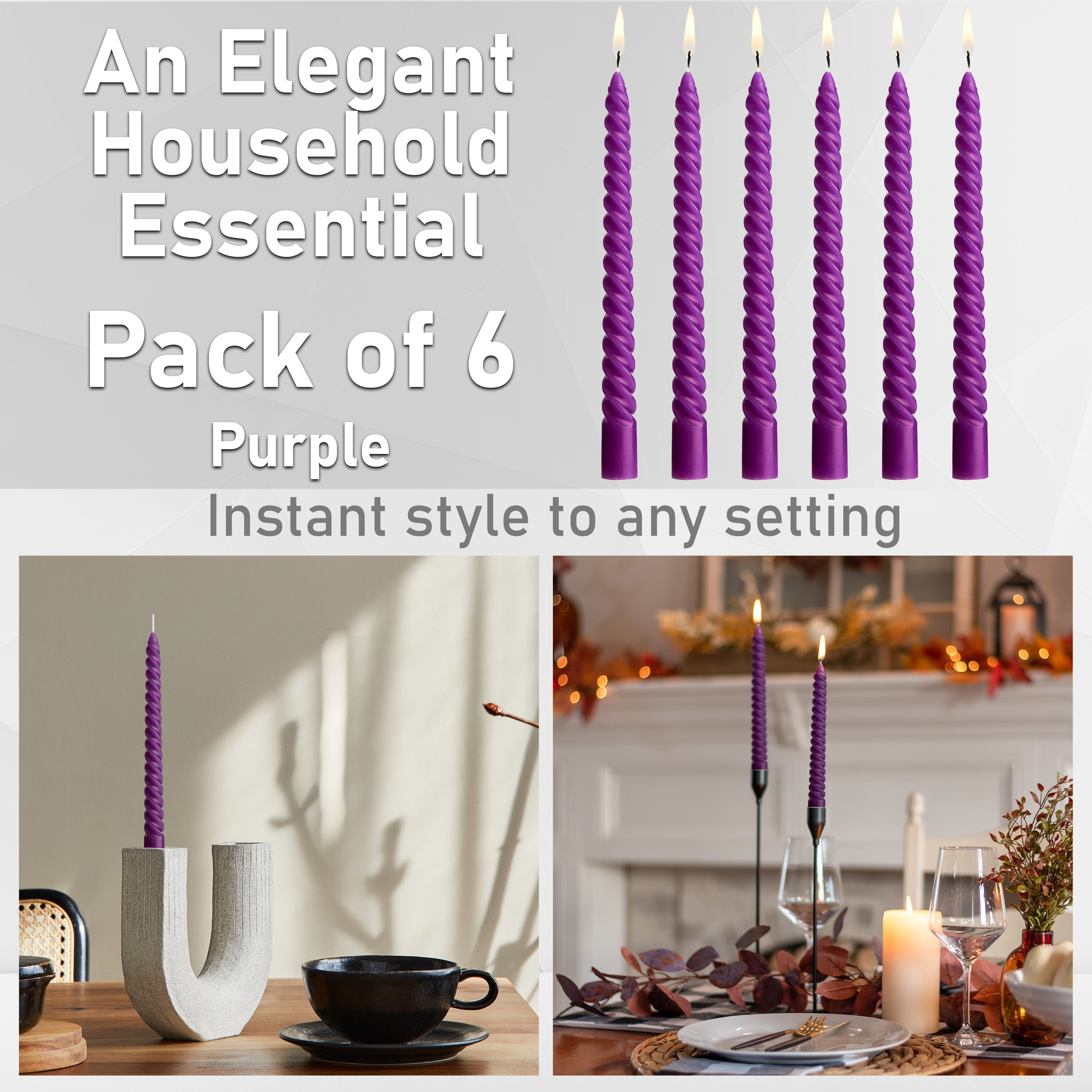 DECO EXPRESS Dinner Candles Pack of 3 or 6 Twisted Non Drip Coloured Spiral Candles Long Lasting 6 hours Burn Non Scented (Purple, Pack of 6) - Get Trend