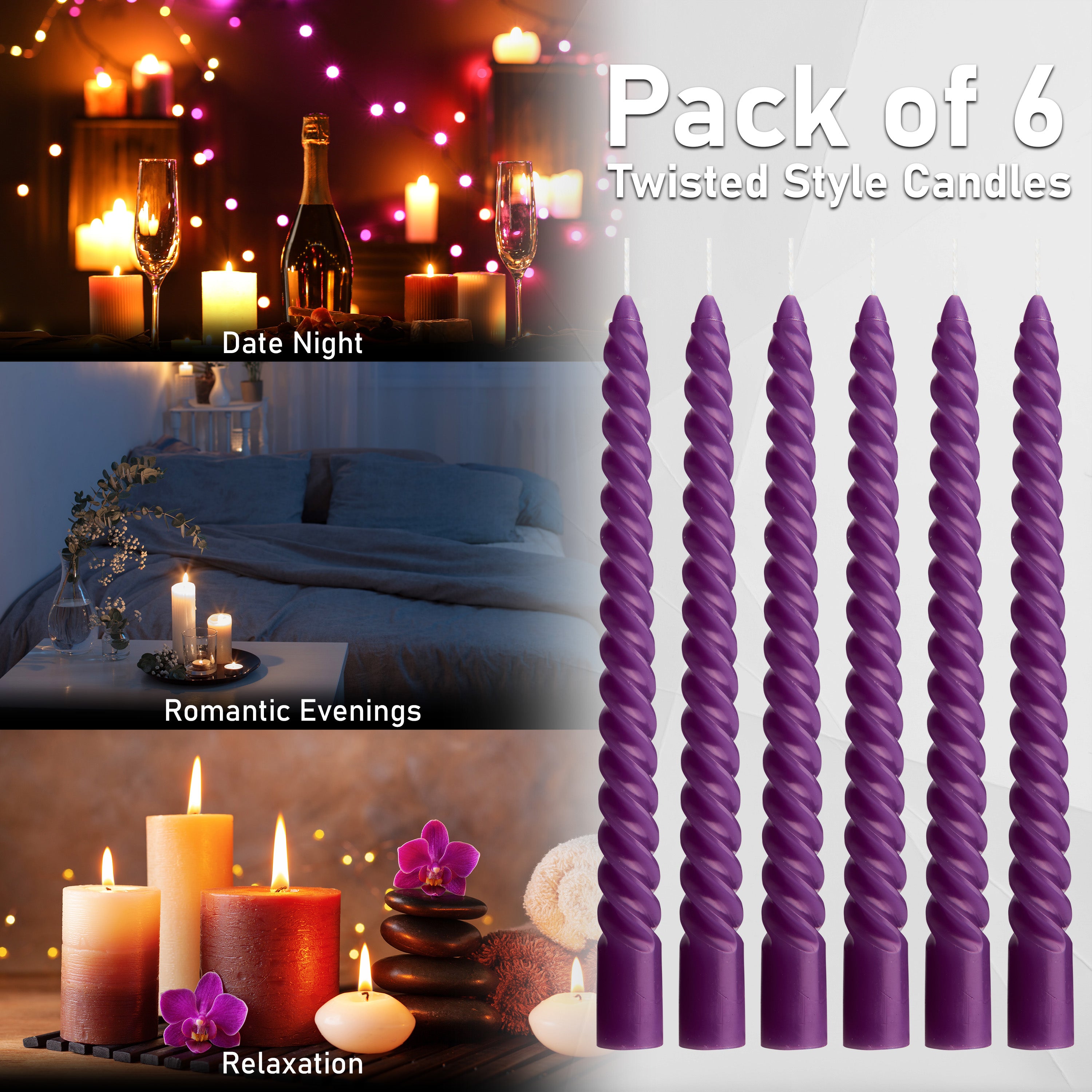 DECO EXPRESS Dinner Candles Pack of 3 or 6 Twisted Non Drip Coloured Spiral Candles Long Lasting 6 hours Burn Non Scented (Purple, Pack of 6) - Get Trend
