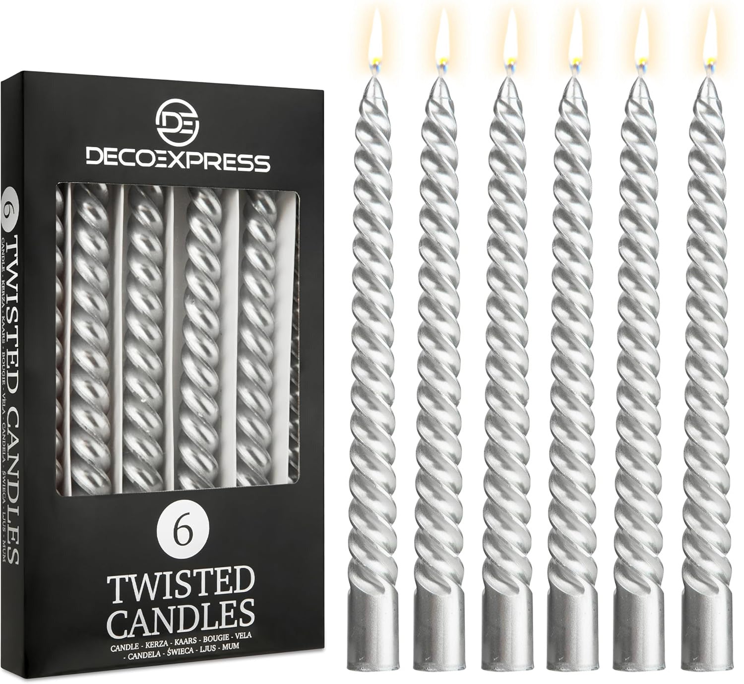 DECO EXPRESS Dinner Candles Pack of 3 or 6 Twisted Non Drip Coloured Spiral Candles Long Lasting 6 Hours Burn Non Scented (Silver, Pack of 6) - Get Trend
