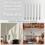 DECO EXPRESS Dinner Candles Pack of 3 or 6 Twisted Non Drip Coloured Spiral Candles Long Lasting 6 Hours Burn Non Scented (Silver, Pack of 6) - Get Trend