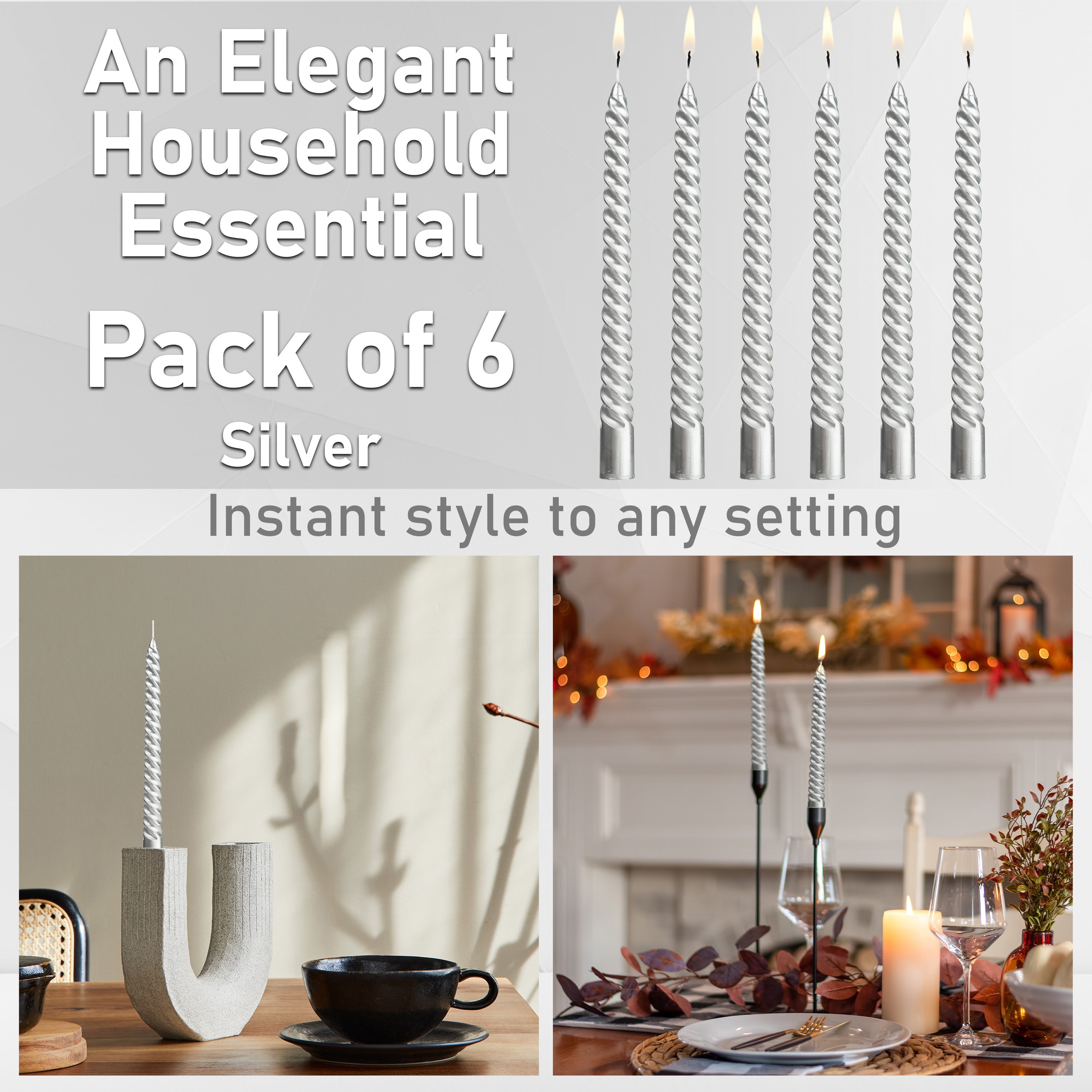 DECO EXPRESS Dinner Candles Pack of 3 or 6 Twisted Non Drip Coloured Spiral Candles Long Lasting 6 Hours Burn Non Scented (Silver, Pack of 6) - Get Trend