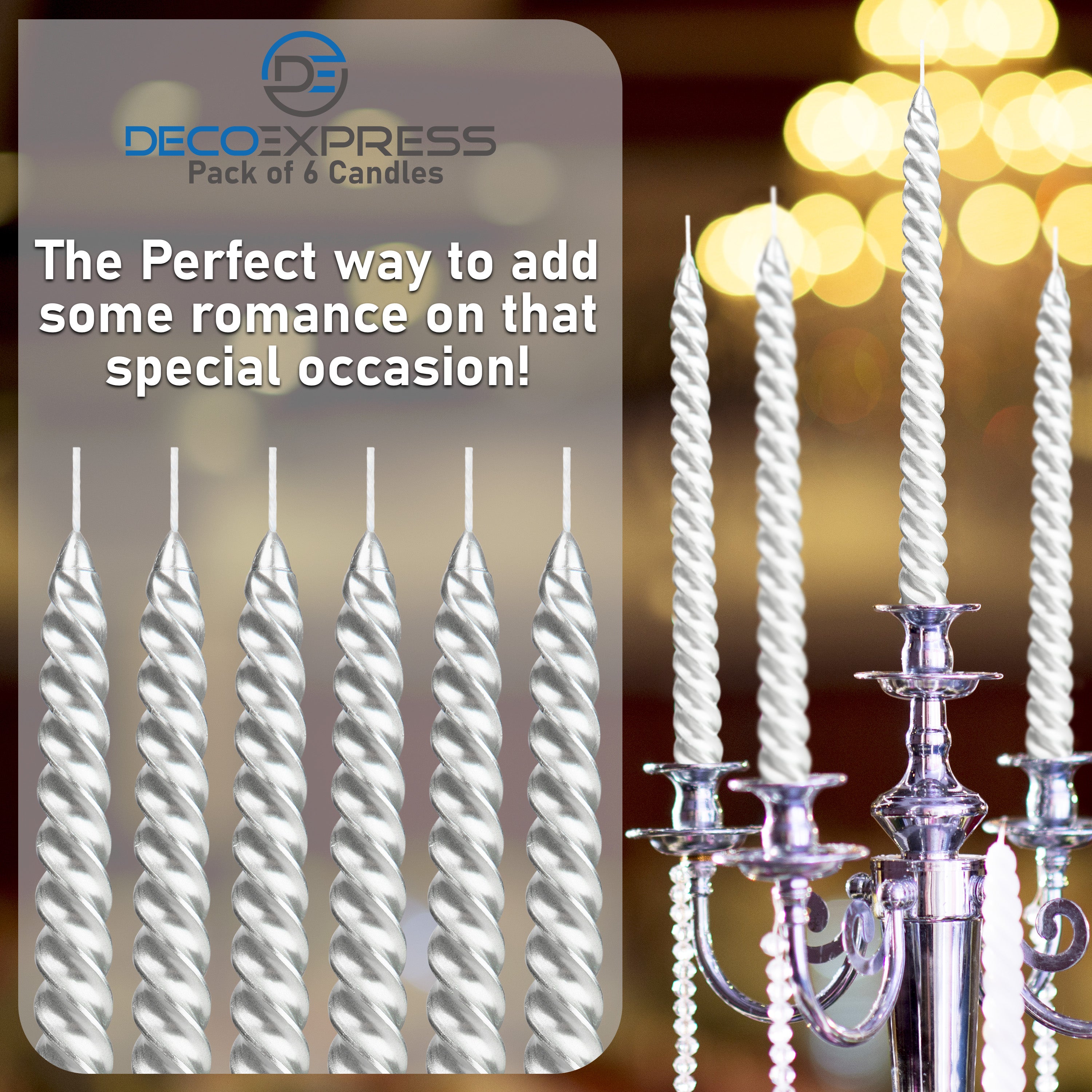 DECO EXPRESS Dinner Candles Pack of 3 or 6 Twisted Non Drip Coloured Spiral Candles Long Lasting 6 Hours Burn Non Scented (Silver, Pack of 6) - Get Trend