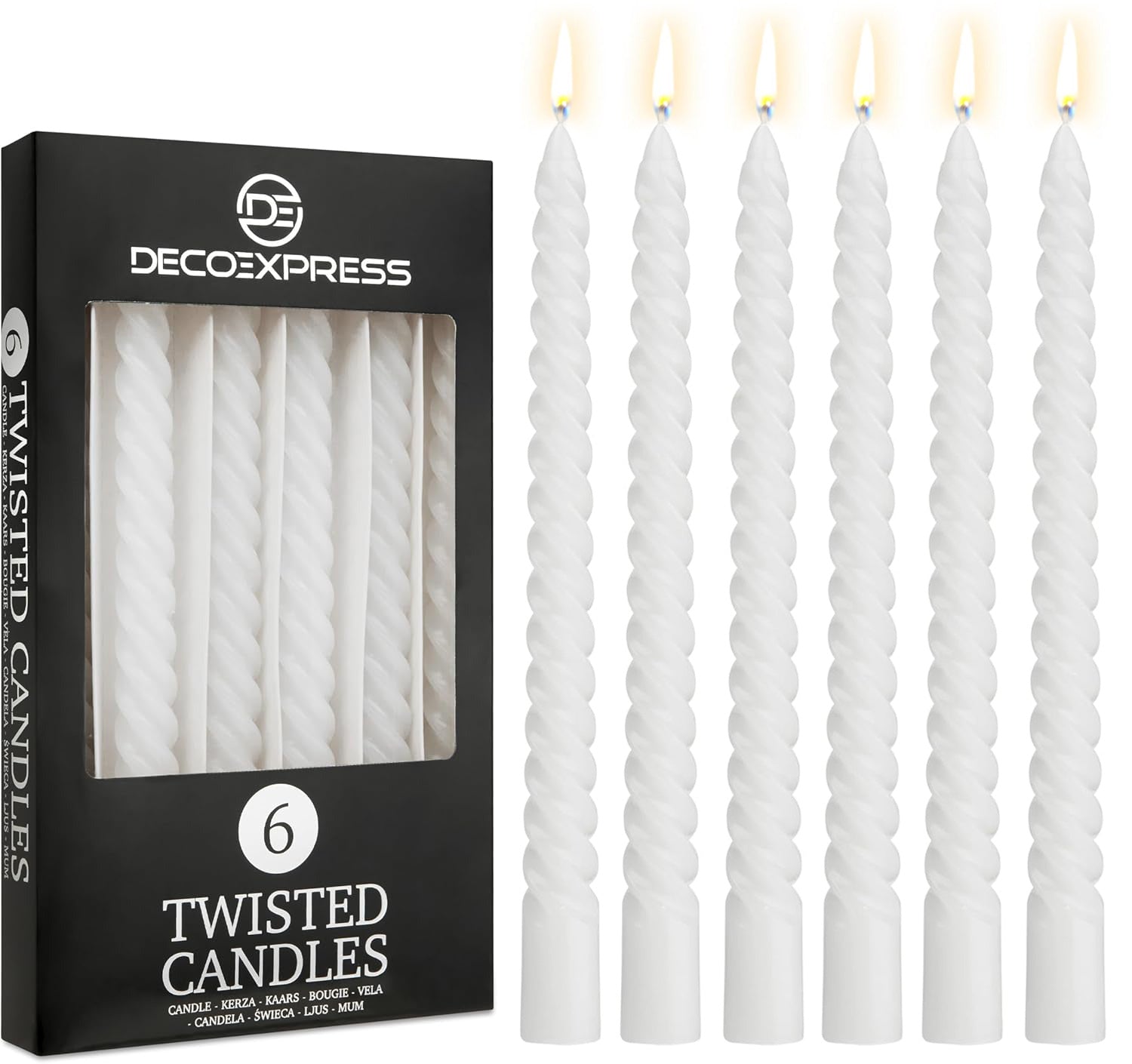 DECO EXPRESS Dinner Candles Pack of 3 or 6 Twisted Non Drip Coloured Spiral Candles Long Lasting 6 hours Burn Non Scented (White, Pack of 6) - Get Trend