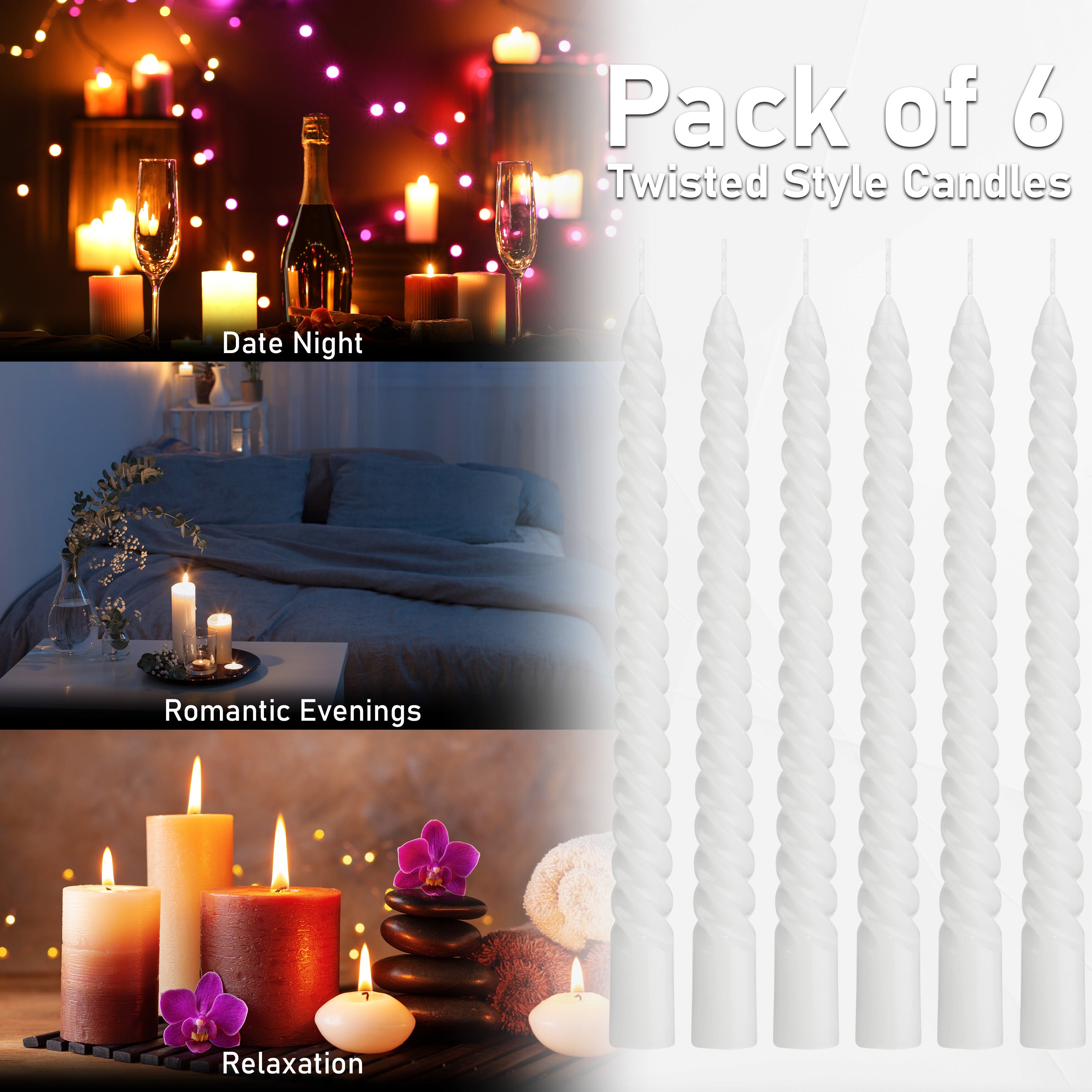 DECO EXPRESS Dinner Candles Pack of 3 or 6 Twisted Non Drip Coloured Spiral Candles Long Lasting 6 hours Burn Non Scented (White, Pack of 6) - Get Trend