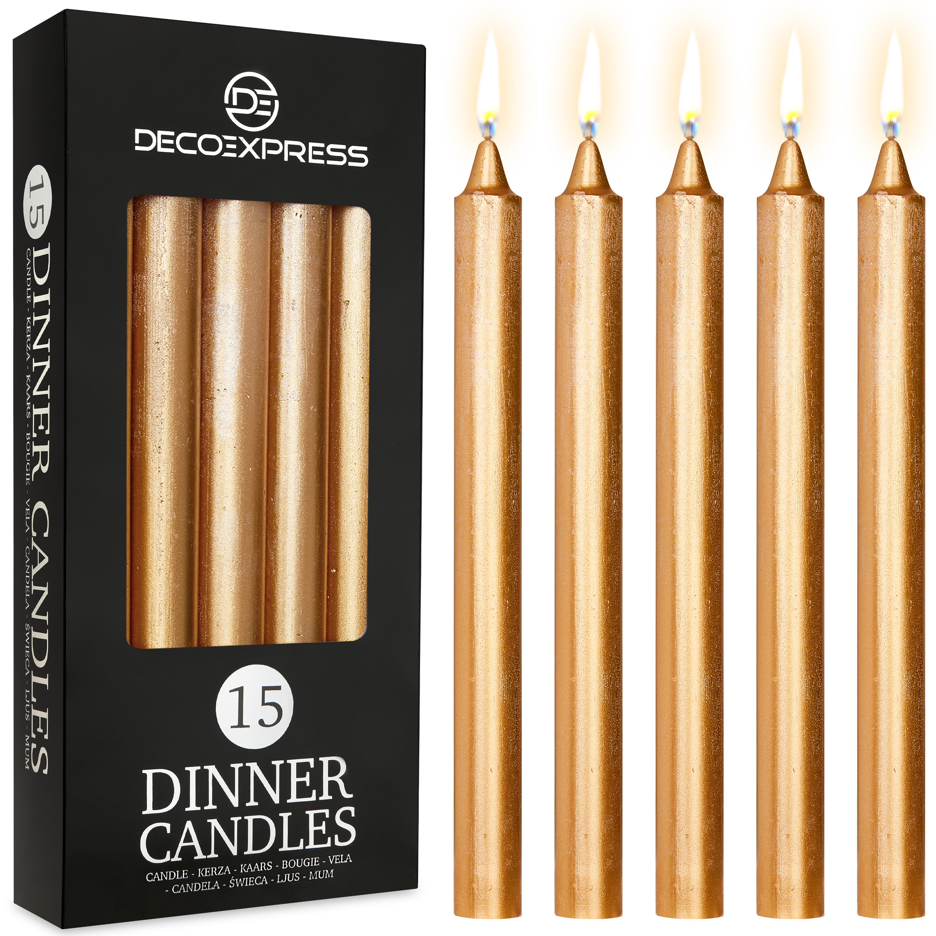 DECO EXPRESS Tapered Candle Set of 15 Dripless Metallic Unscented 9H Burn Time