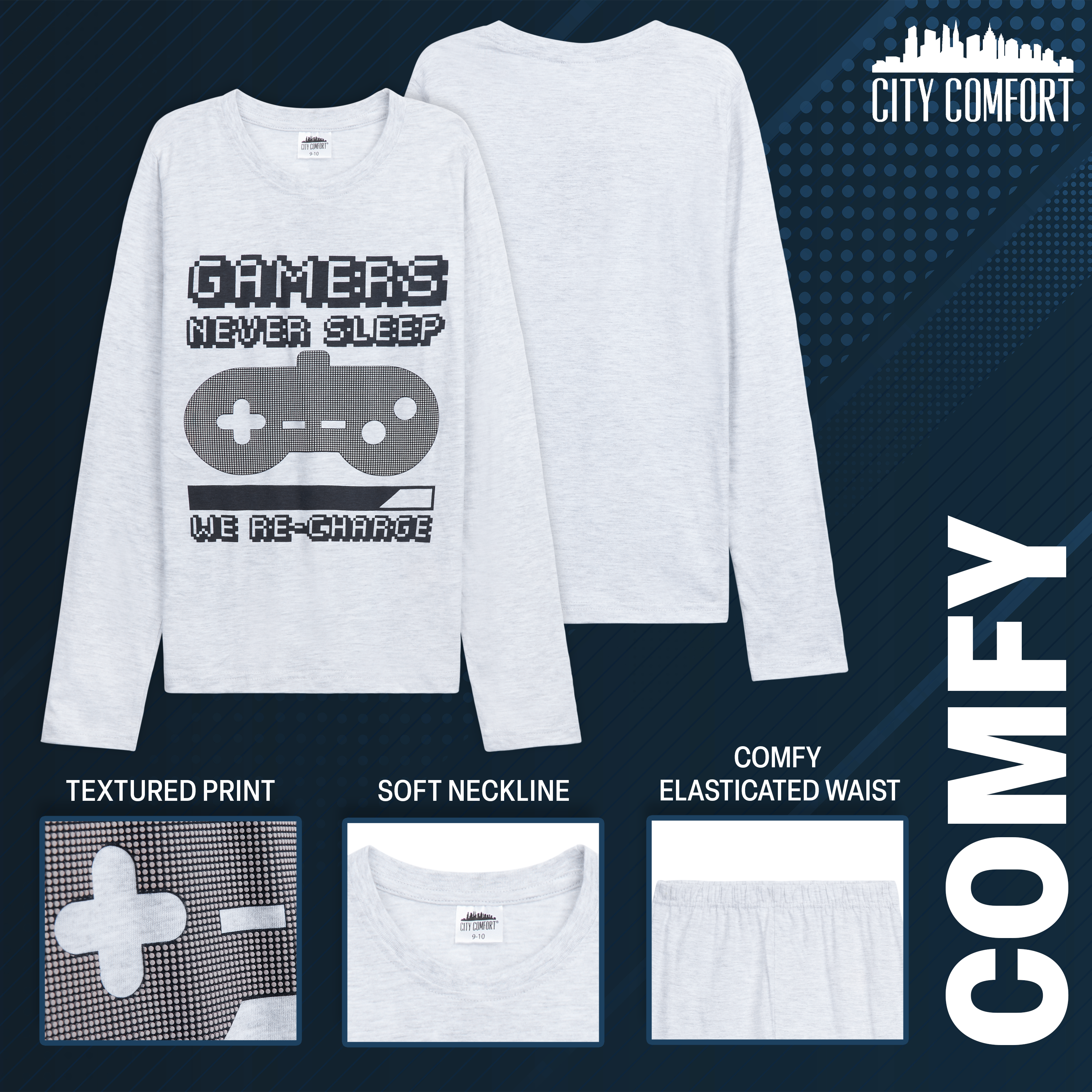 CityComfort Boys Pyjamas Long PJs Set Teens Football or Gaming Nightwear - Get Trend