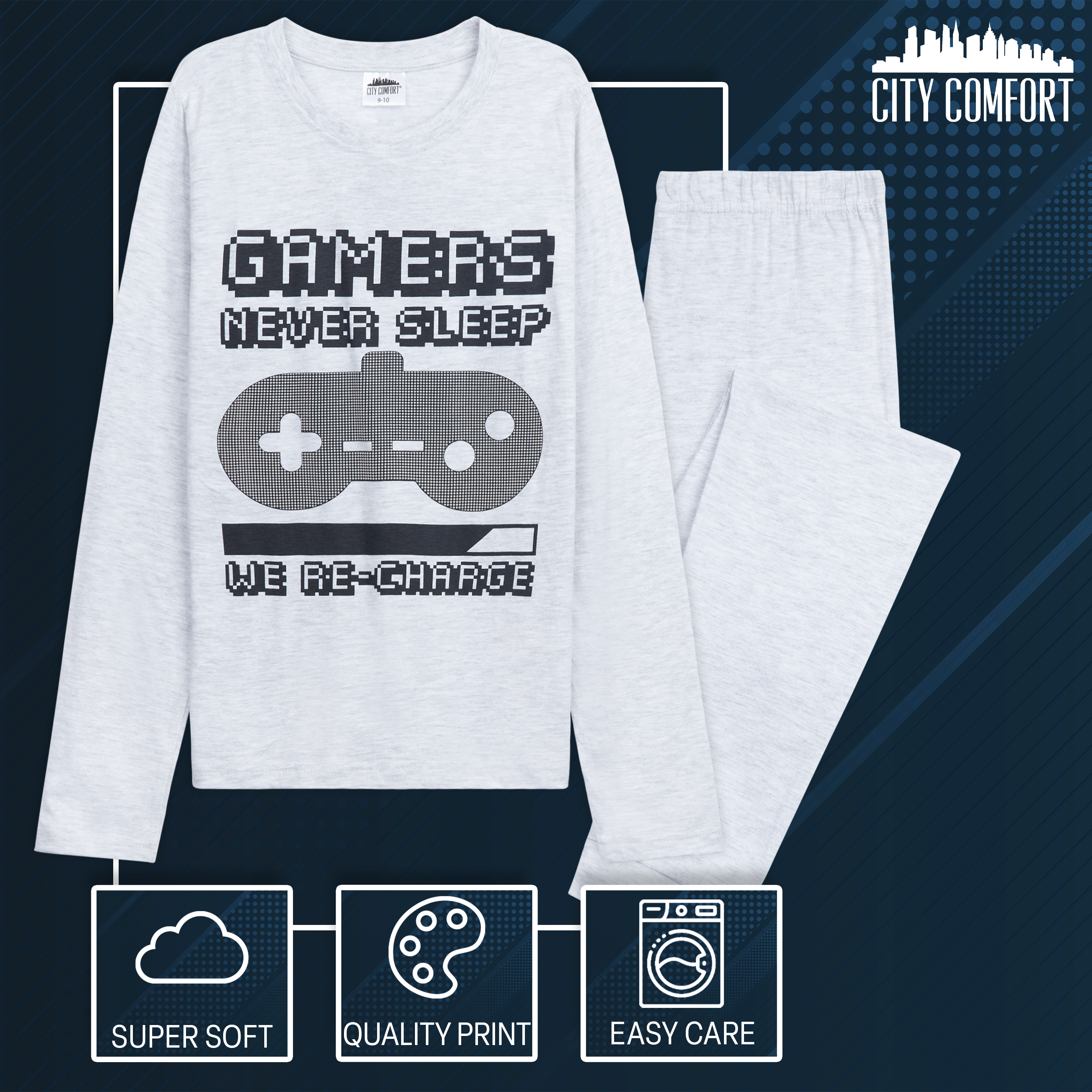 CityComfort Boys Pyjamas Long PJs Set Teens Football or Gaming Nightwear - Get Trend