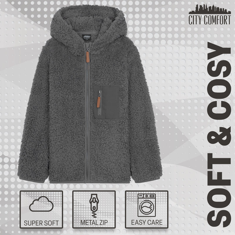 CityComfort Fleece Jacket for Kids, Zip Up Fuzzy Teddy Hoodie - Get Trend