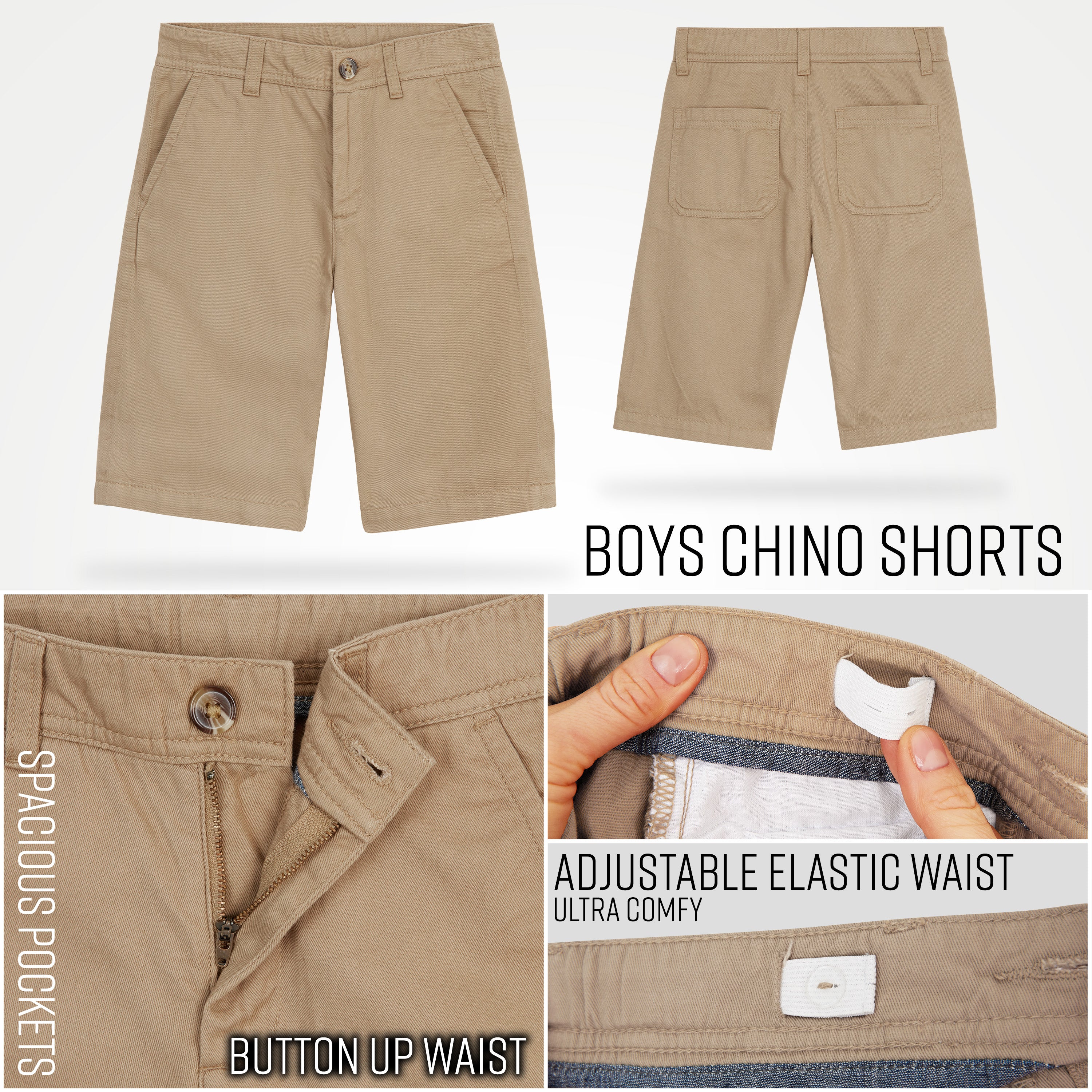 CityComfort Boys Shorts Cotton Chino Shorts Breathable Knee Length Adjustable Waist - Get Trend