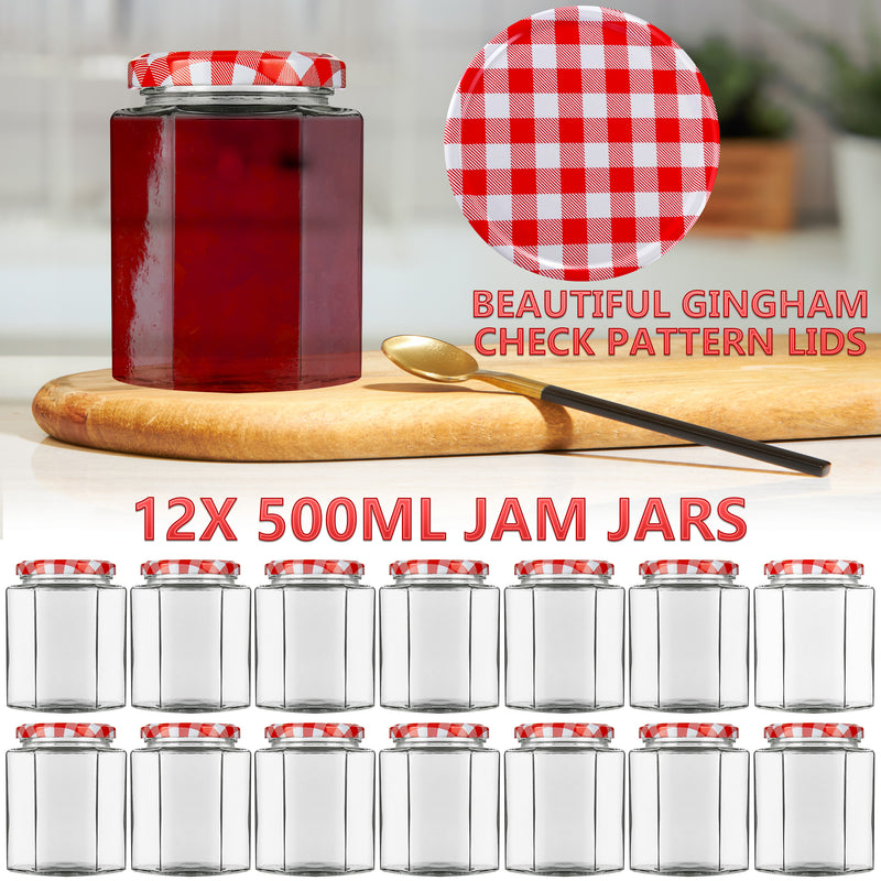 DECO EXPRESS Preserving Glass Jam Jars with Airtight Screw Lids - Red, 12 Pack, 500 ml - Get Trend