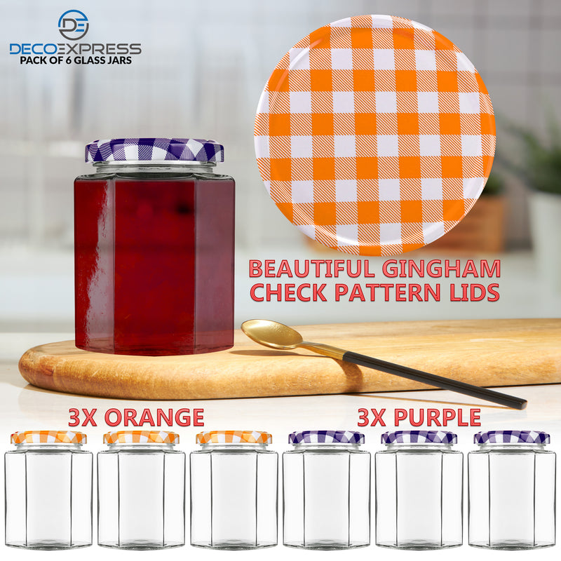 DECO EXPRESS Preserving Glass Jam Jars with Airtight Screw Lids - Orange/Purple, 6 Pack, 250 ml - Get Trend