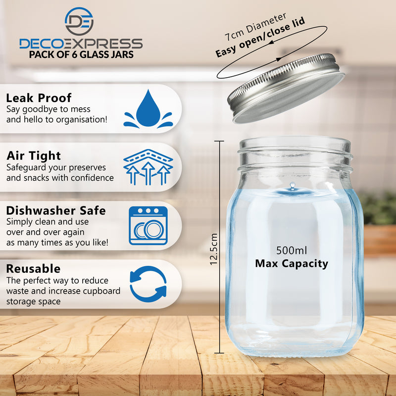 DECO EXPRESS Glass Jars with Lids Set of 6 - 500ml Mason Jars