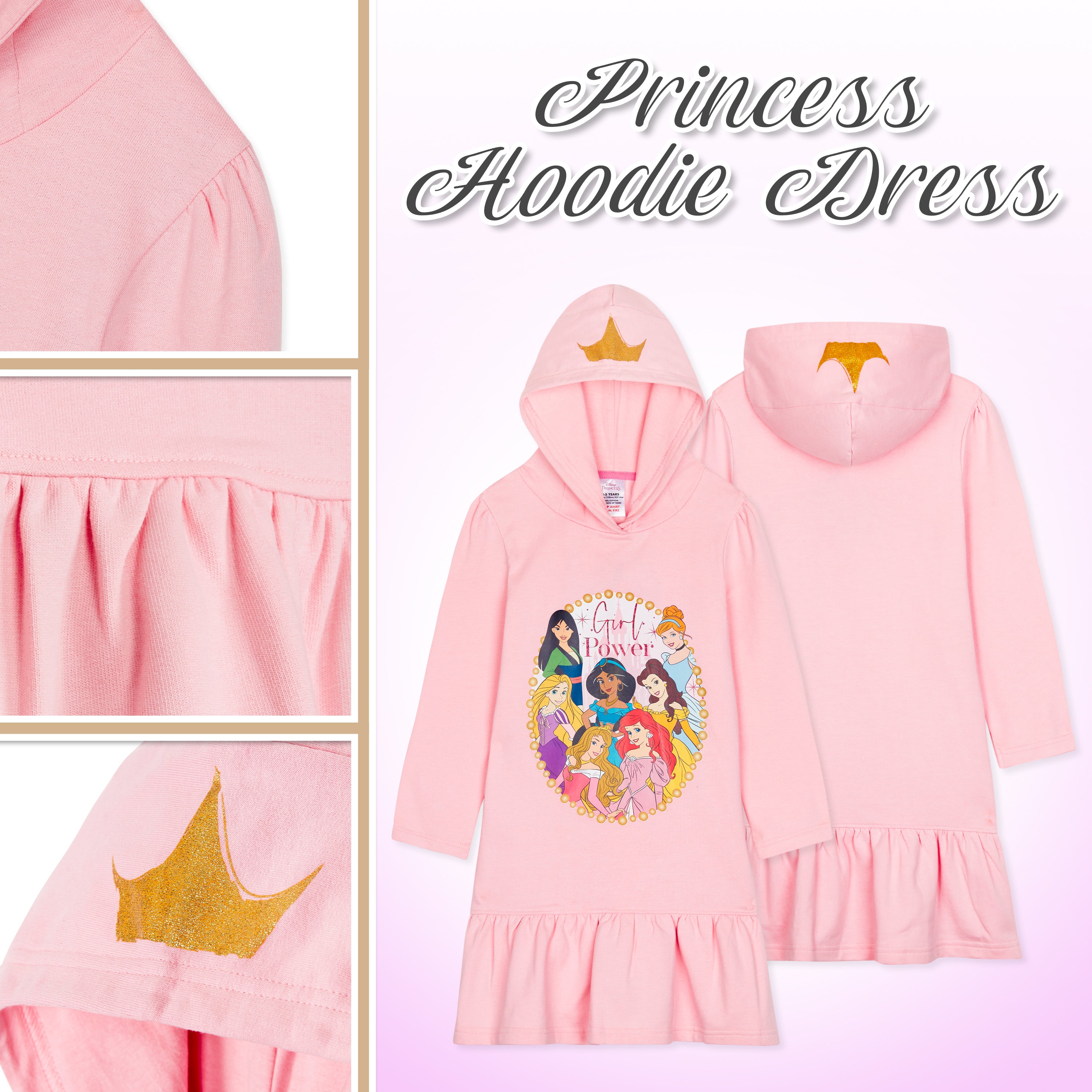 Disney Princess Hoodie for Girls - Princess Hooded Sweatshirt or Hoodie Dress for Kids - Get Trend
