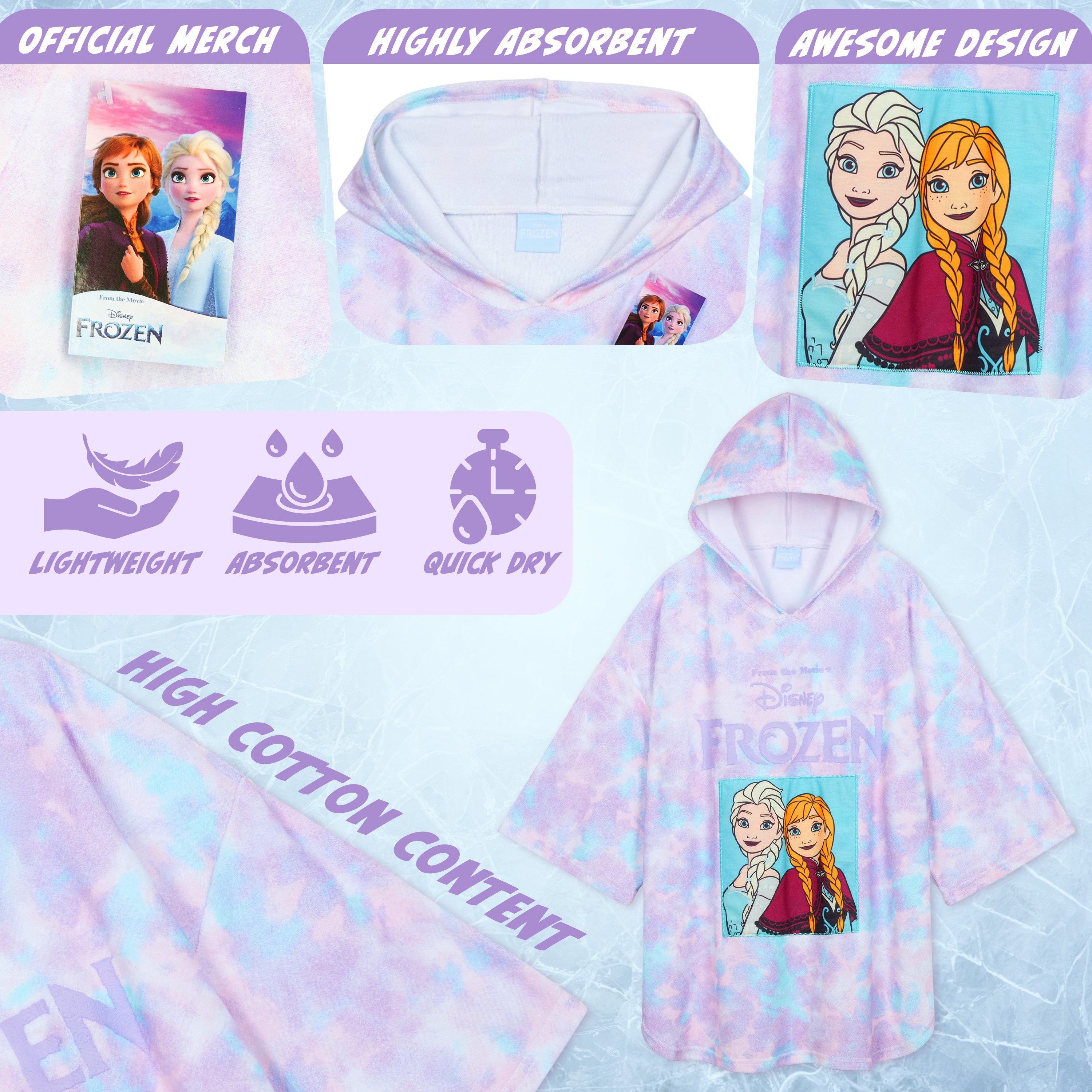 Disney Frozen Towel with Hood for Kids Absorbent Changing Robe Poncho (5-9 Years) - Get Trend