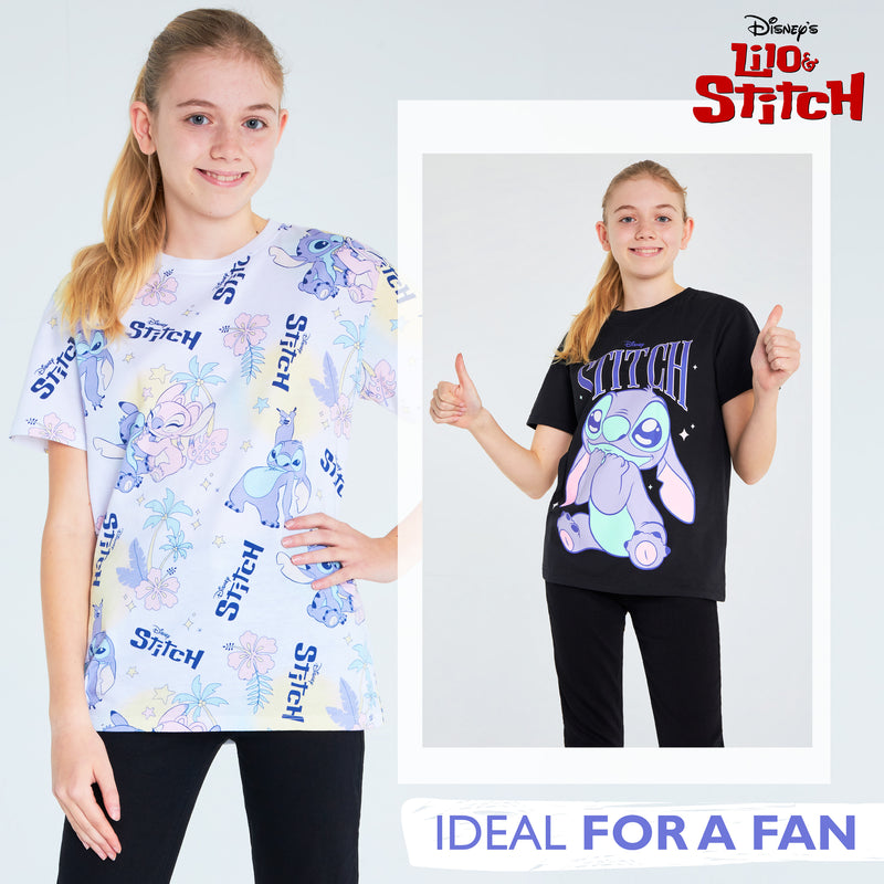 Disney Stitch Girls Crew Neck T-Shirts, Soft Breathable Pack of 2 - Stitch Gifts - Get Trend