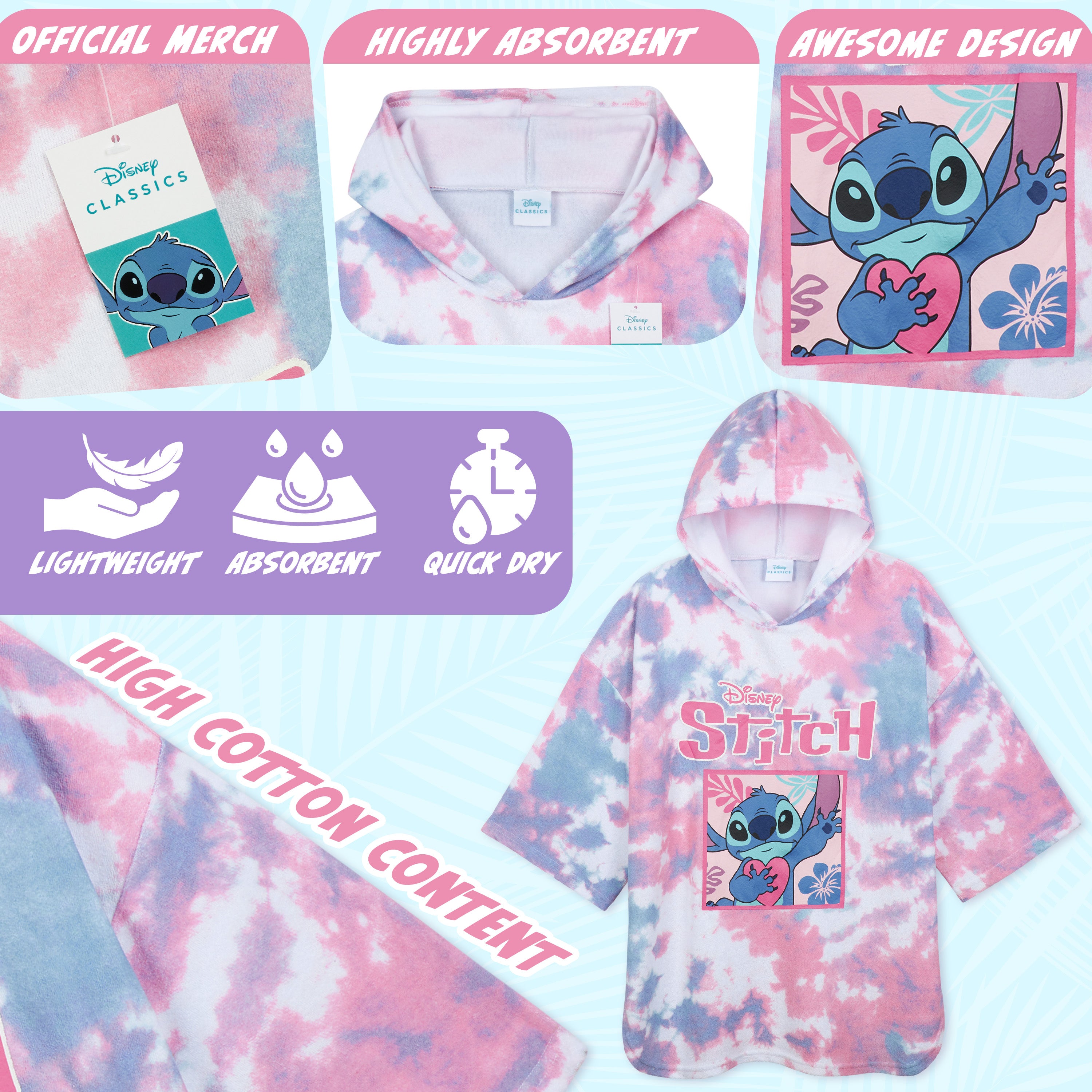 Disney Stitch for Kids & Teenagers Absorbent Changing Robe Poncho (10-13 Years) - Get Trend