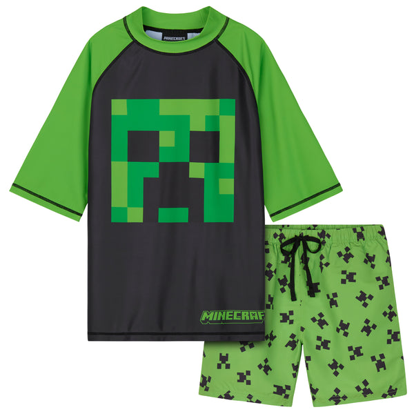 Minecraft Boys 2 Piece Swimwear Set, Swimming Top and Boys Swim Trunks - Green/Black - Get Trend