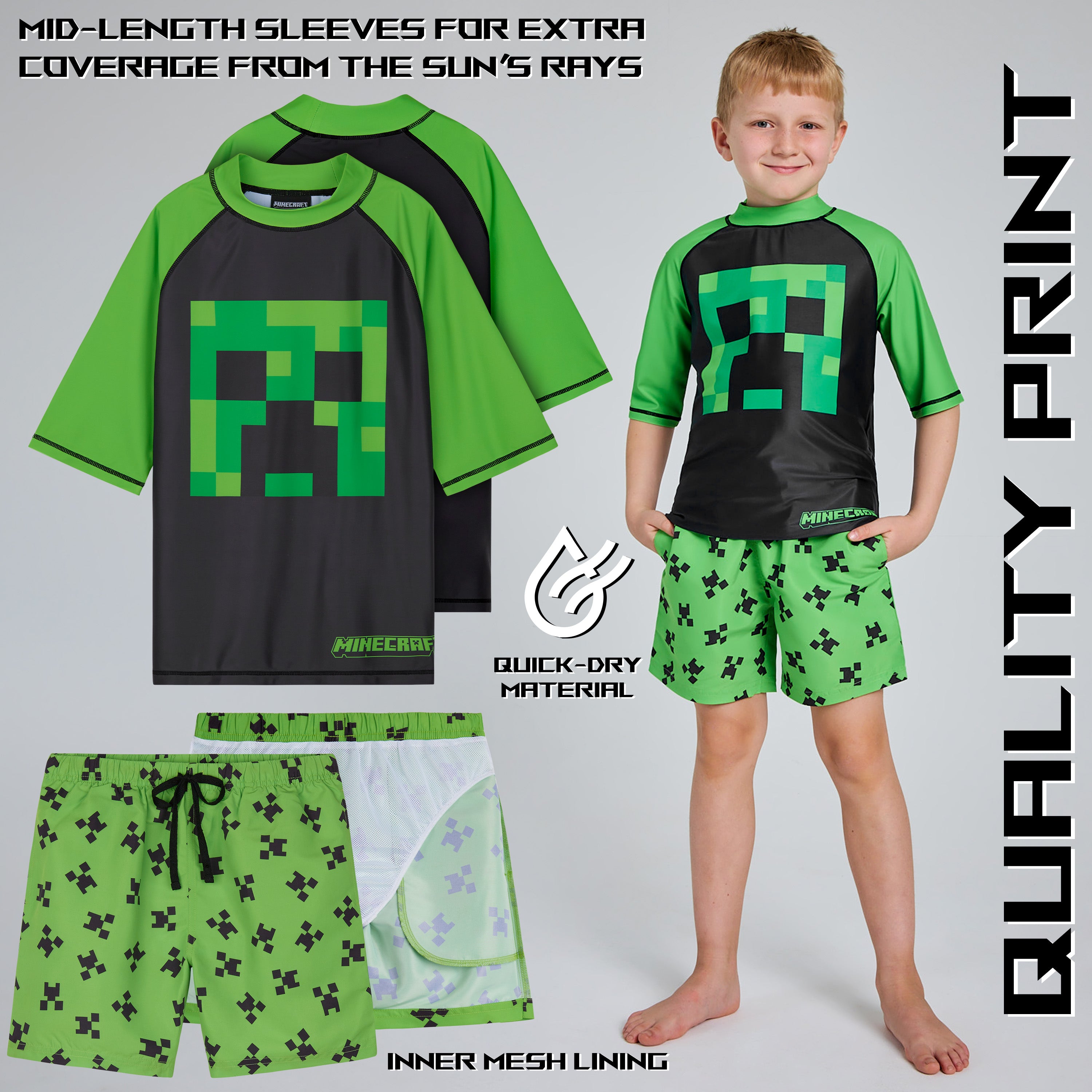 Minecraft Swimsuit Set Boys 2 Piece Creeper Swimming Costume - Boys - Get Trend