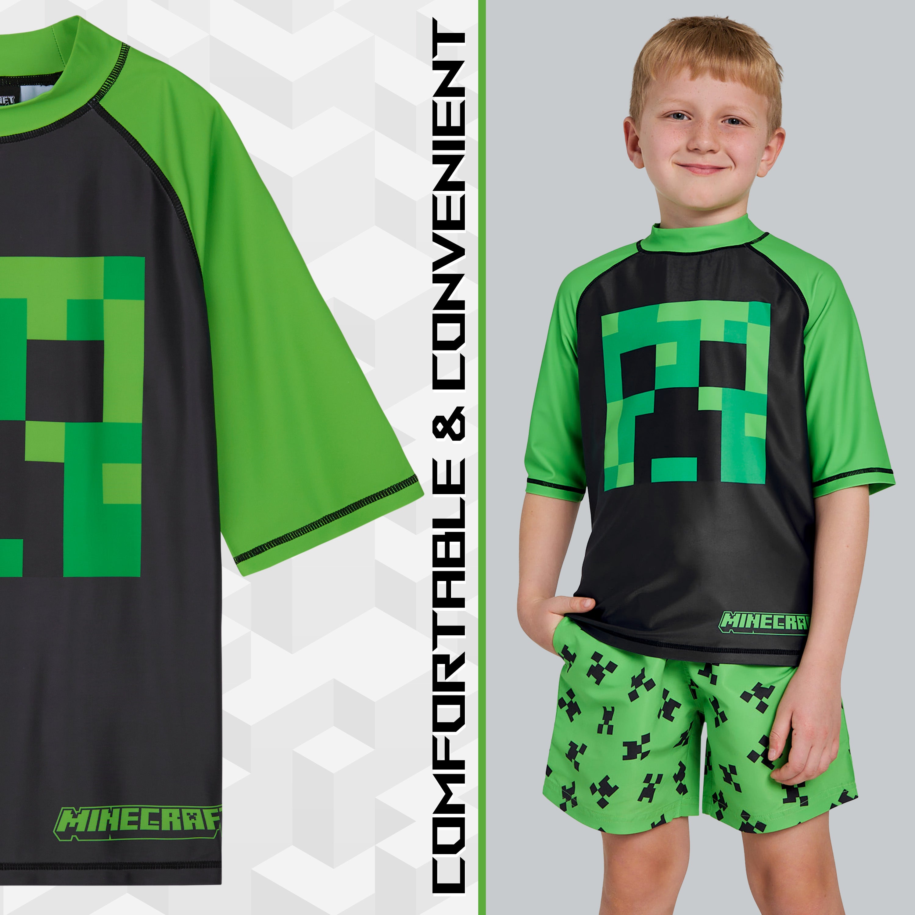 Minecraft Boys 2 Piece Swimwear Set, Swimming Top and Boys Swim Trunks - Green/Black - Get Trend