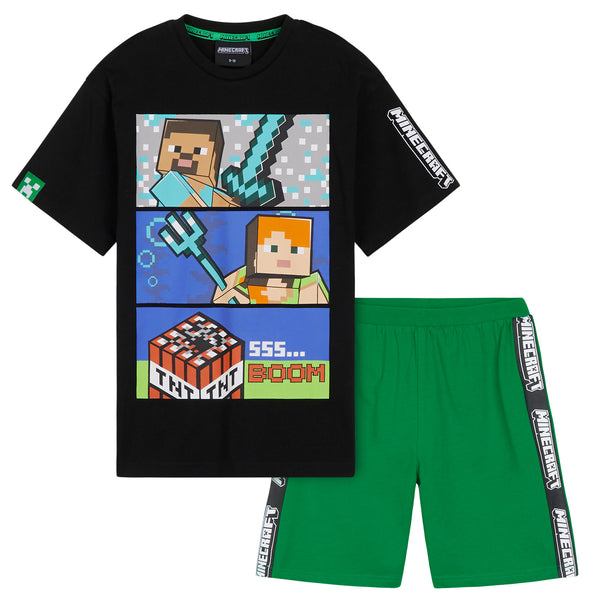 Minecraft Boys Short Pyjamas Set, Comfy Cotton Lounge Wear - Black/Green
