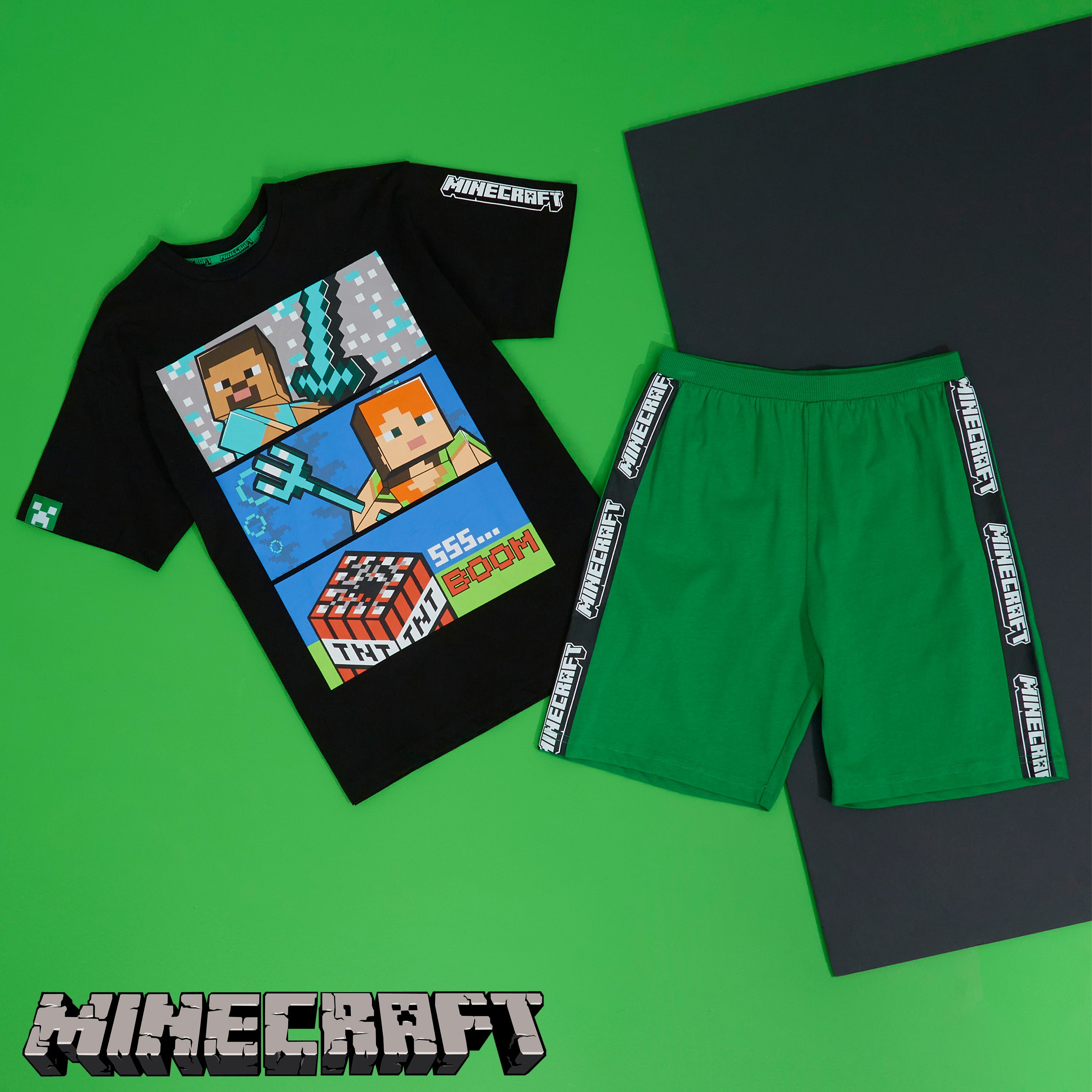 Minecraft Boys Short Pyjamas Set, Comfy Cotton Lounge Wear - Black/Green - Get Trend