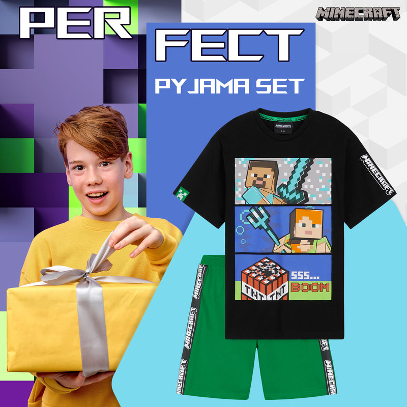 Minecraft Boys Short Pyjamas Set, Comfy Cotton Lounge Wear - Black/Green - Get Trend
