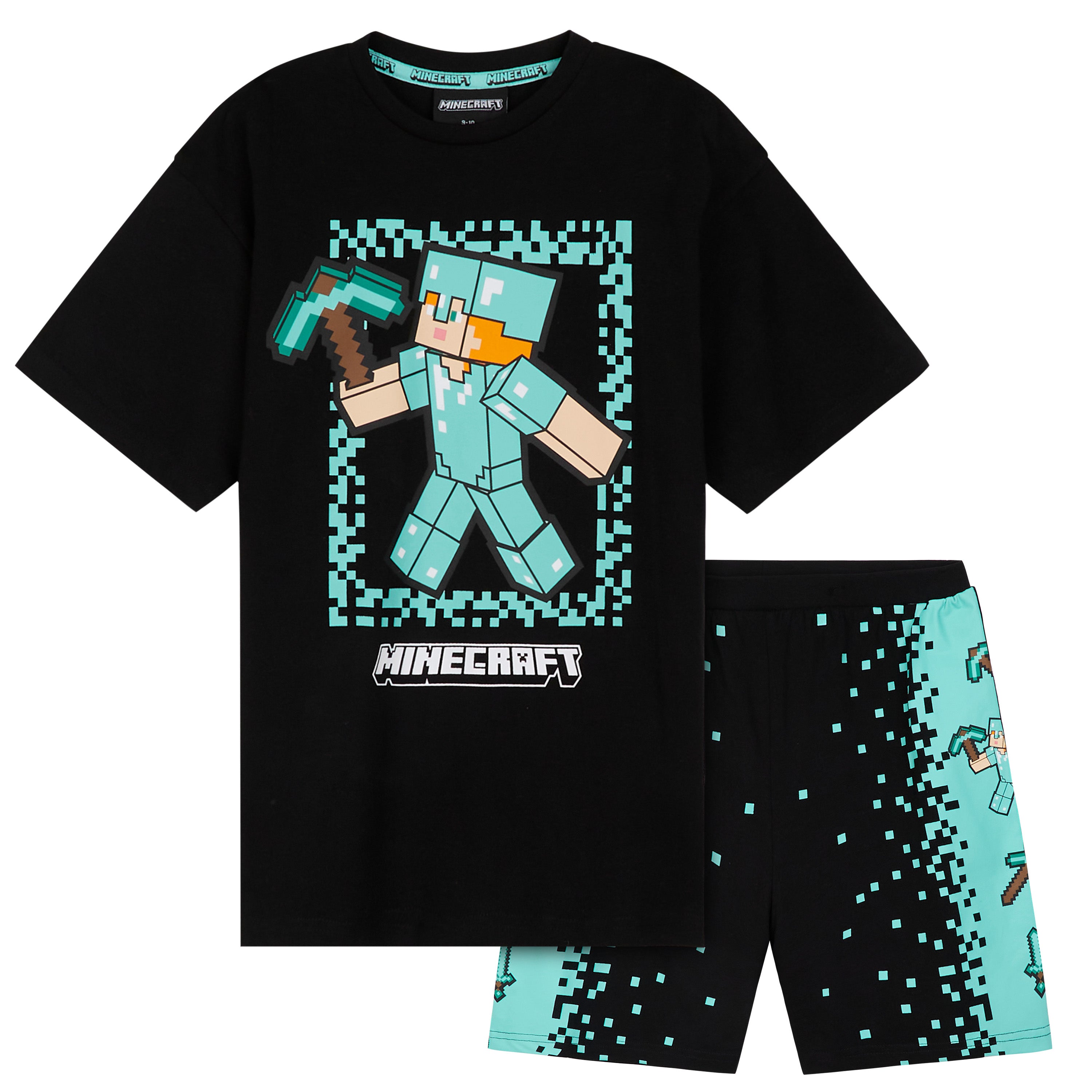 Minecraft Boys Short Pyjamas Set, Comfy Cotton Lounge Wear - Black/Blue - Get Trend